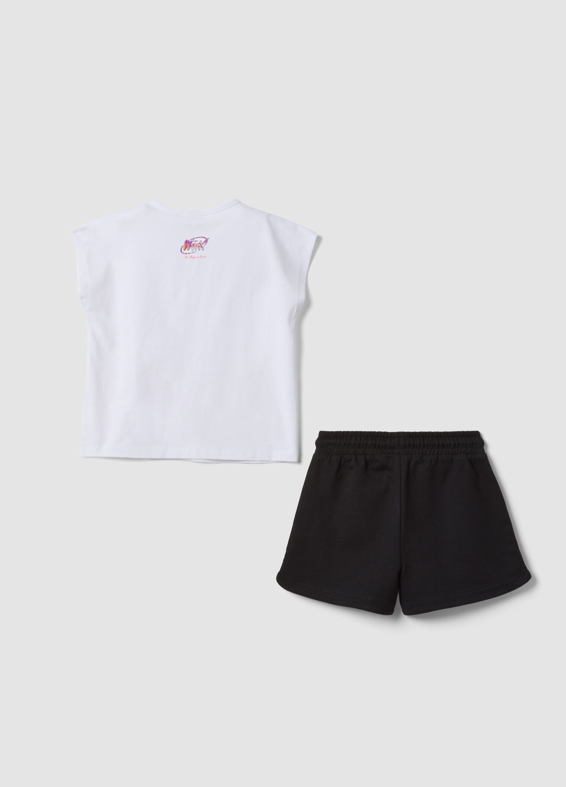 Black and white stretch cotton set with T-shirt and shorts for girls, regular fit