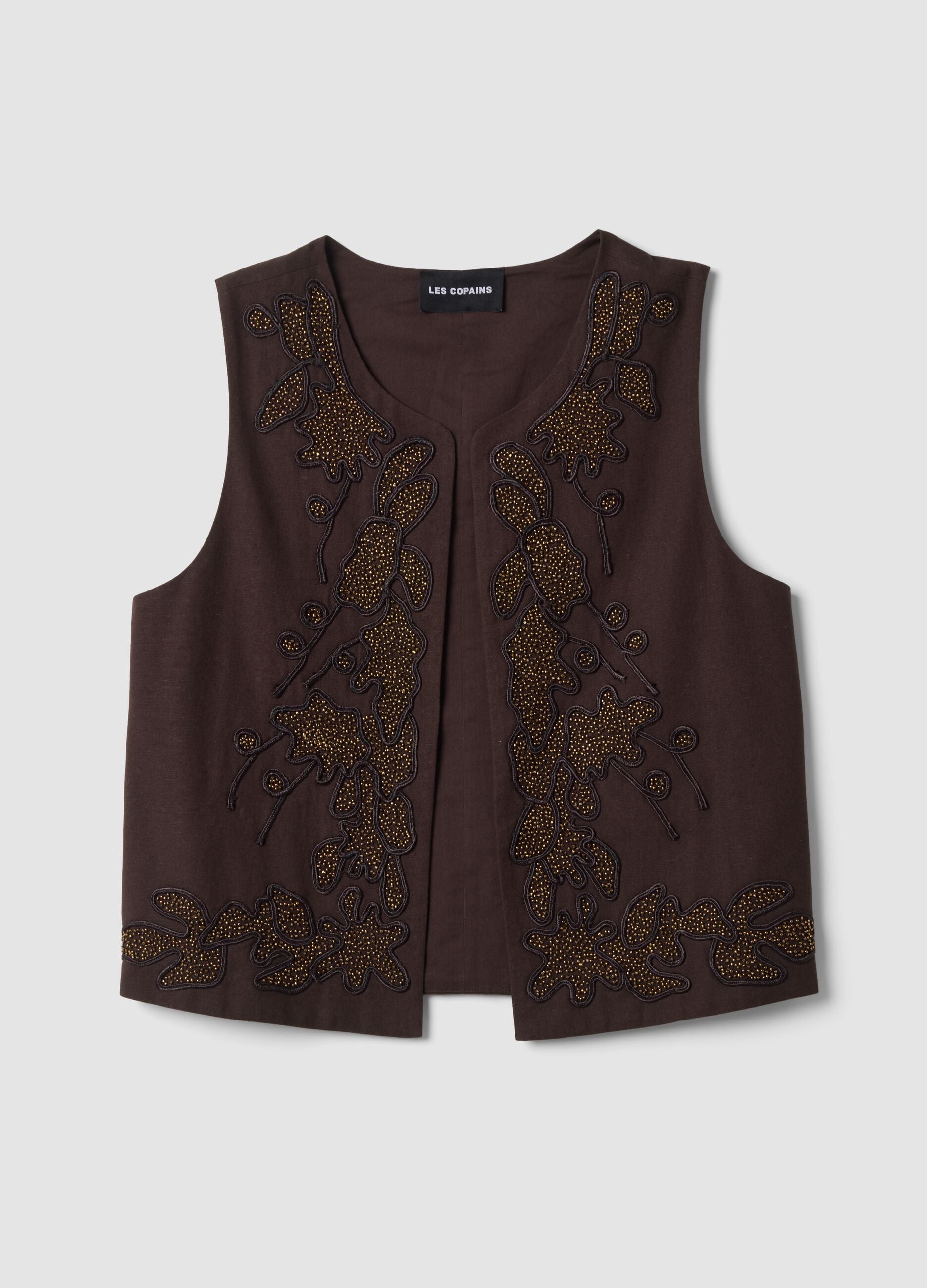 Brown cotton-linen blend waistcoat with floral embroidery