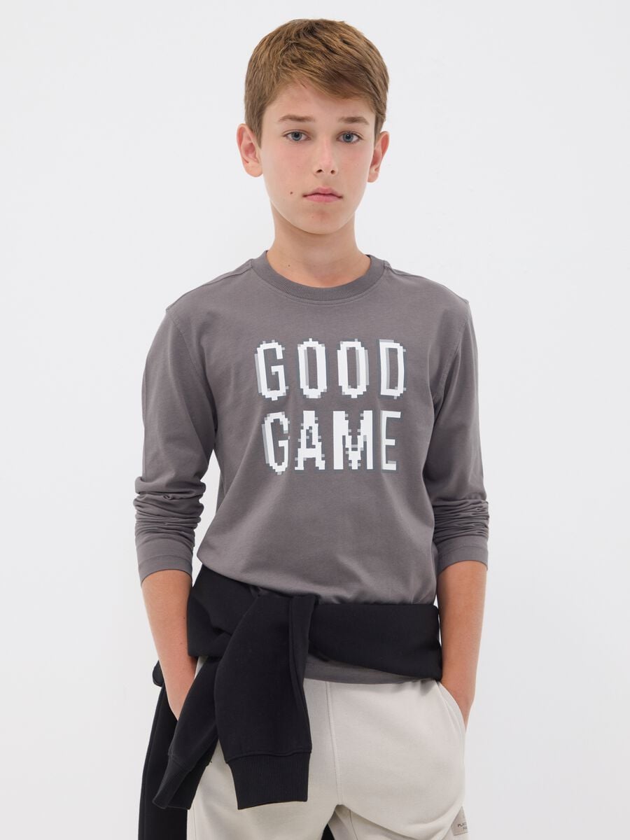 Grey pure organic cotton T-shirt with "Good Game" slogan for boys_0