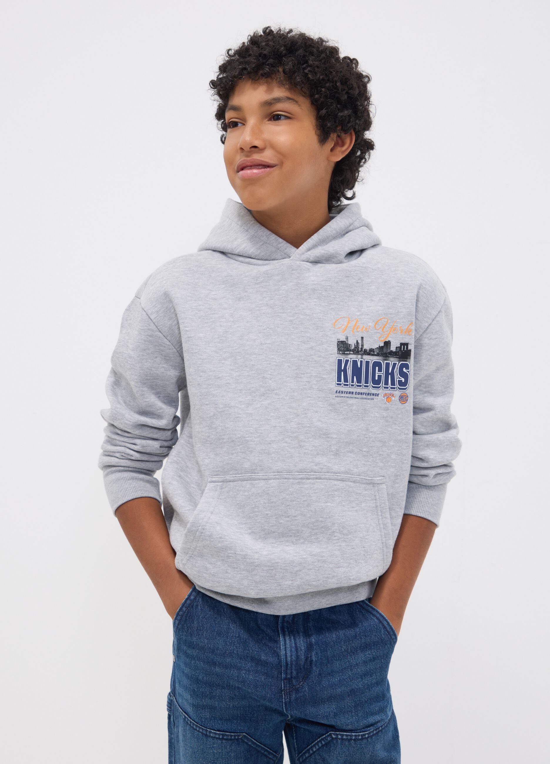 Grey cotton-blend hoodie with New York Knicks print