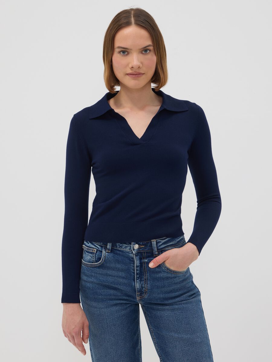 Blue viscose-blend polo-collar jumper, regular fit_1