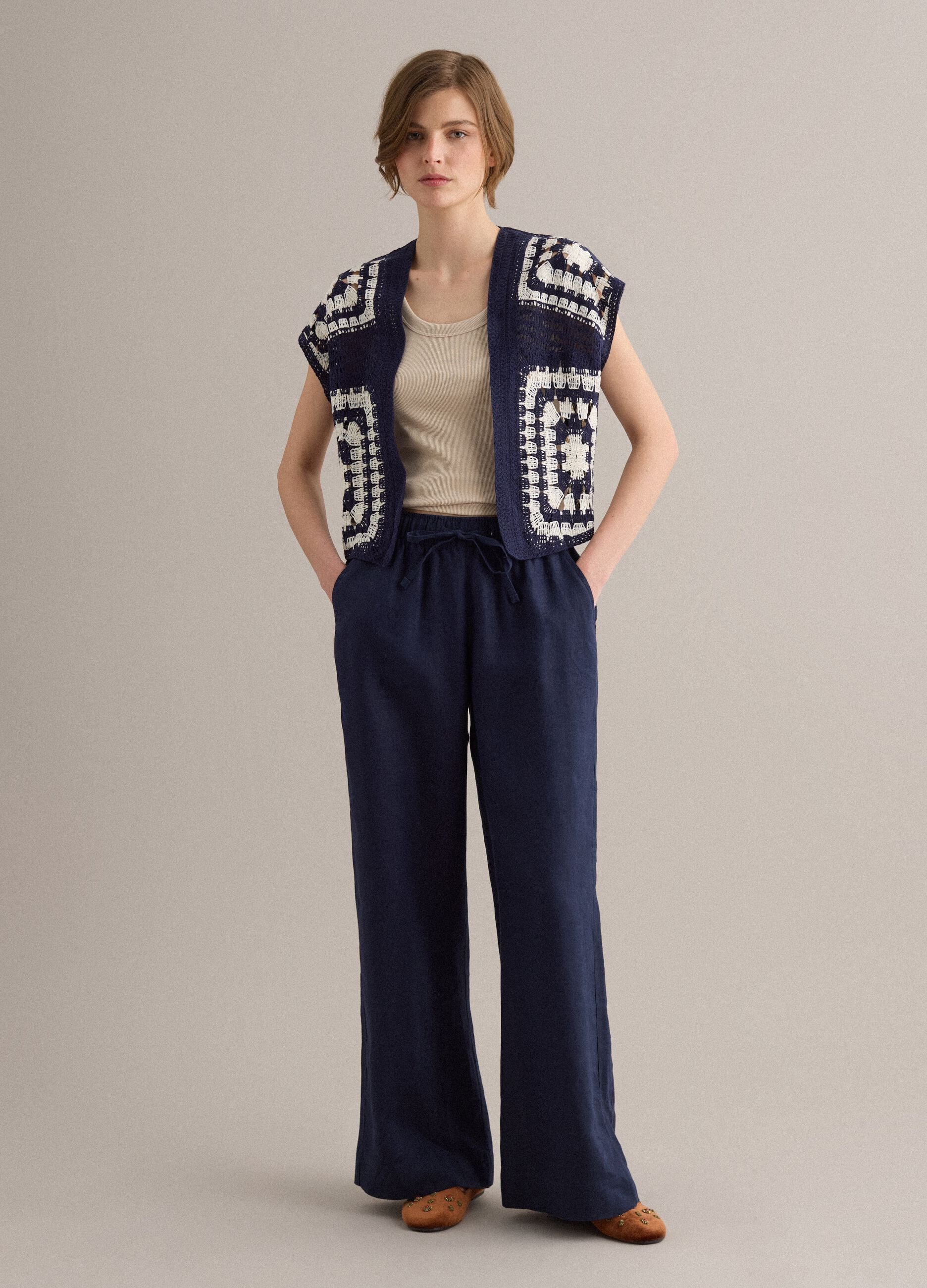 Blue and white regular-fit crochet cotton-blend gilet