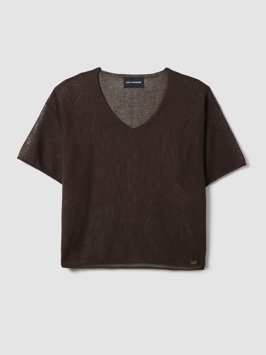 Brown oversized fit V-neck lyocell and linen blend sweater_4