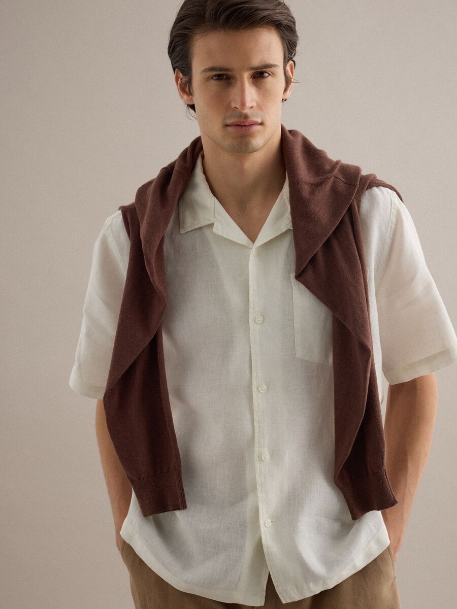 White short sleeve pure linen shirt regular fit_0