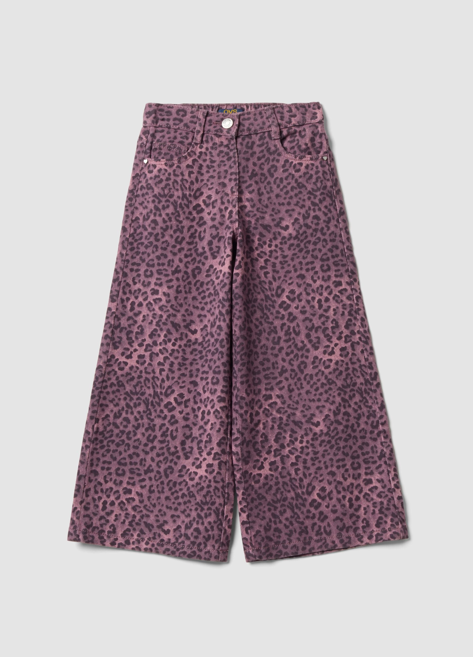 Purple wide-leg pure cotton trousers with animal print for girls