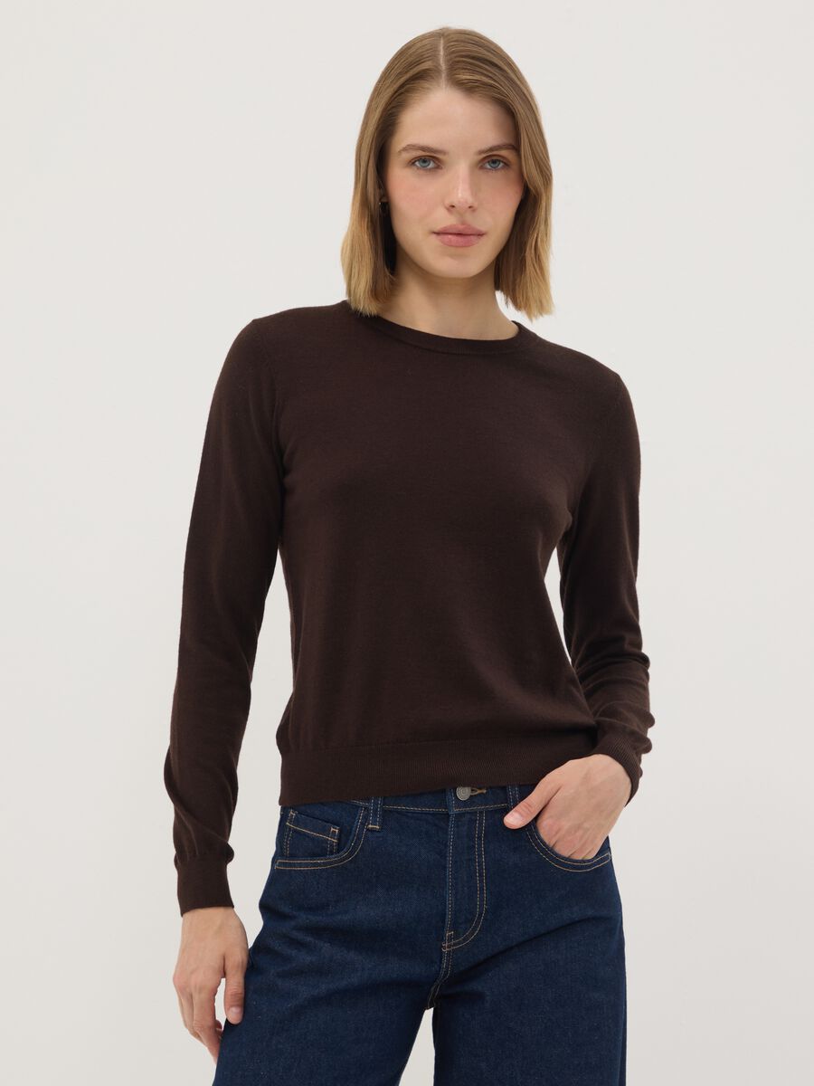 Brown crew-neck wool-blend jumper, regular fit_0