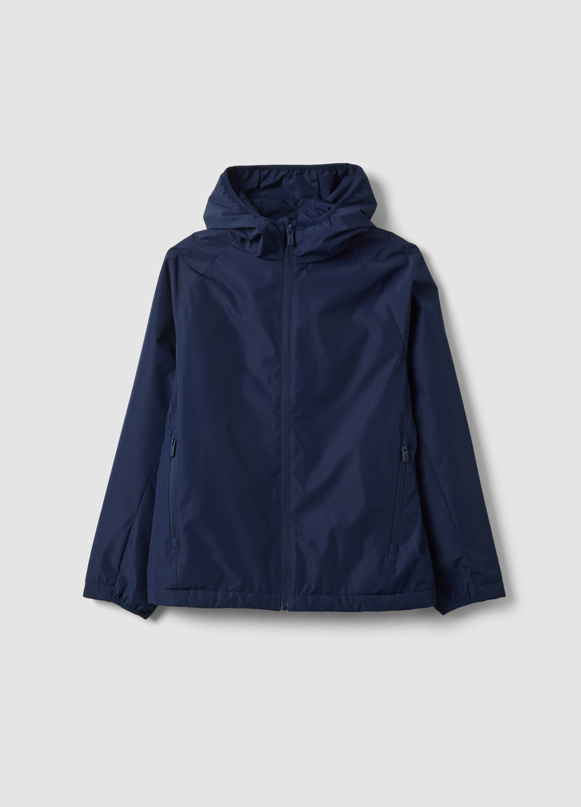 Blue boys&rsquo; rain jacket with hood and zip
