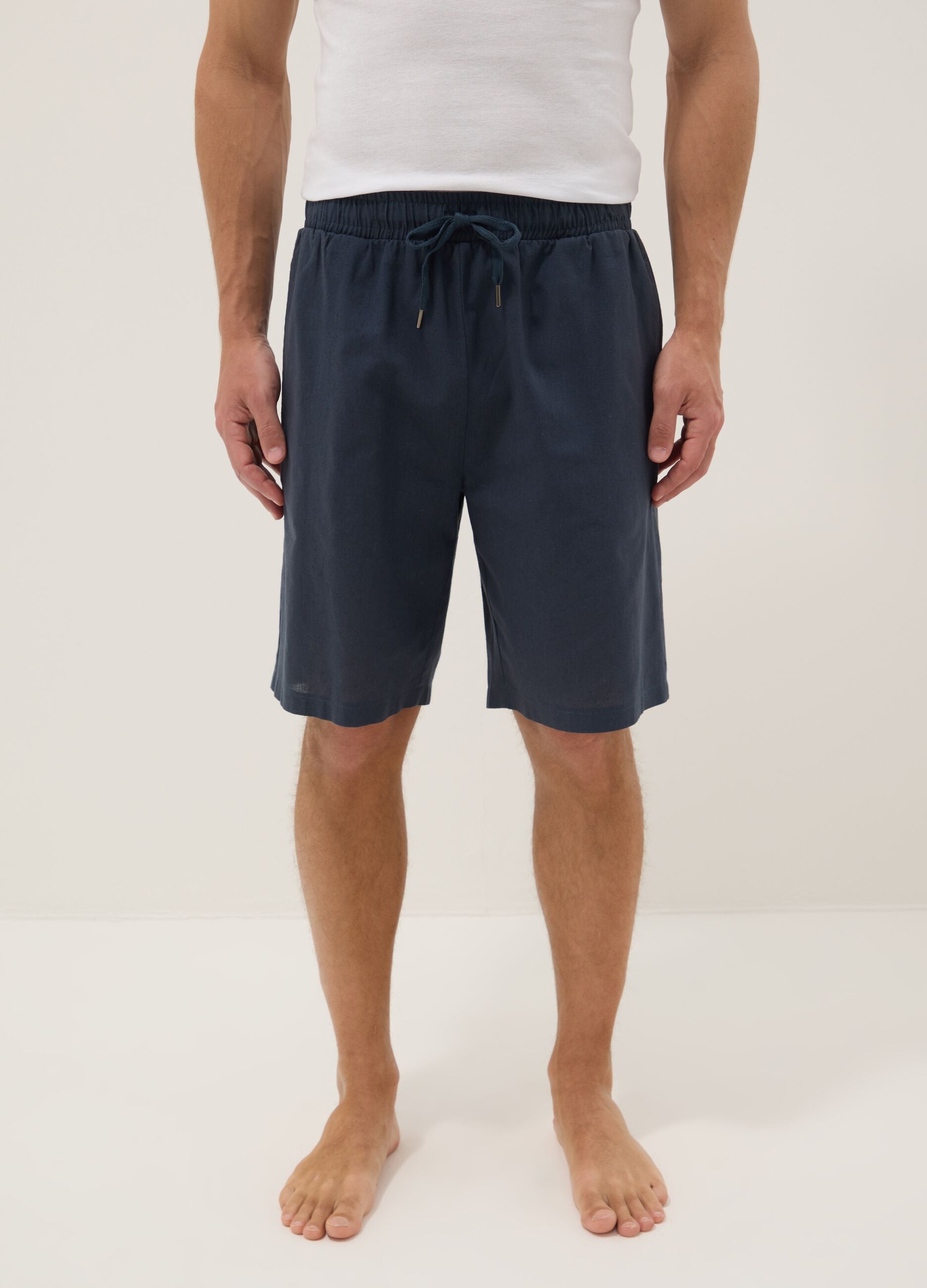 Blue cotton and linen blend pyjama shorts, regular fit