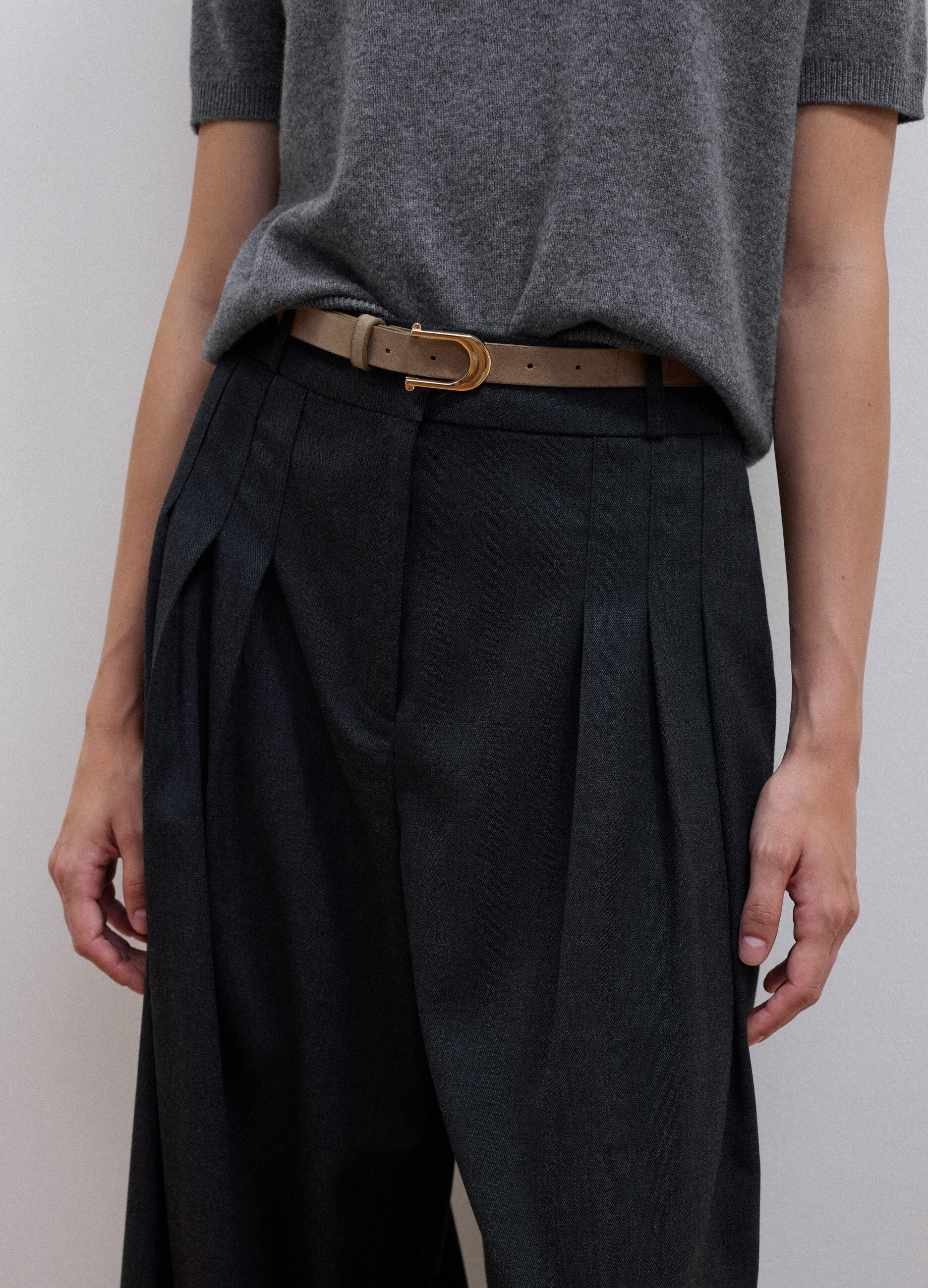 Grey wide-leg formal trousers in stretch viscose with belt