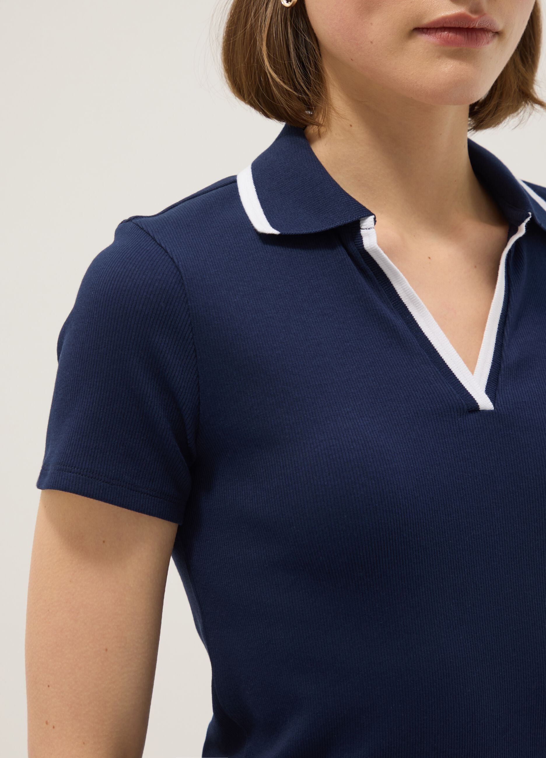 Blue stretch cotton polo with contrast collar, regular fit