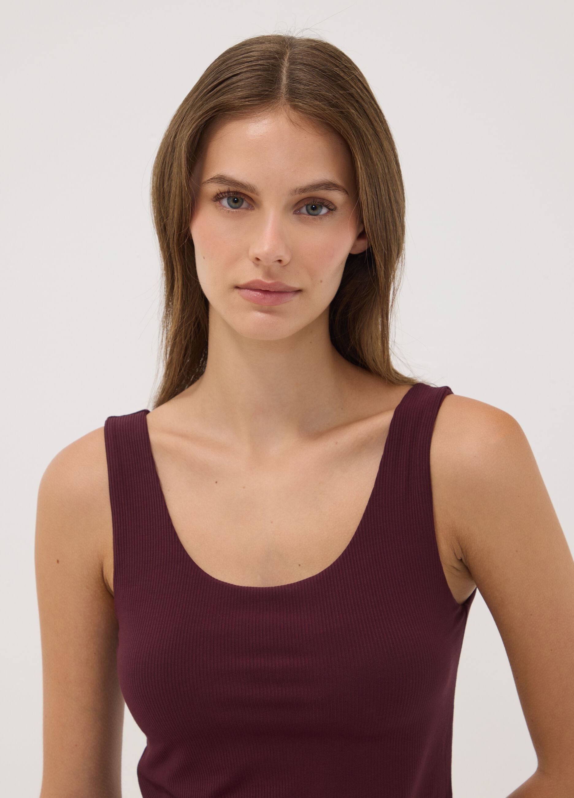 Purple stretch viscose crew-neck vest top