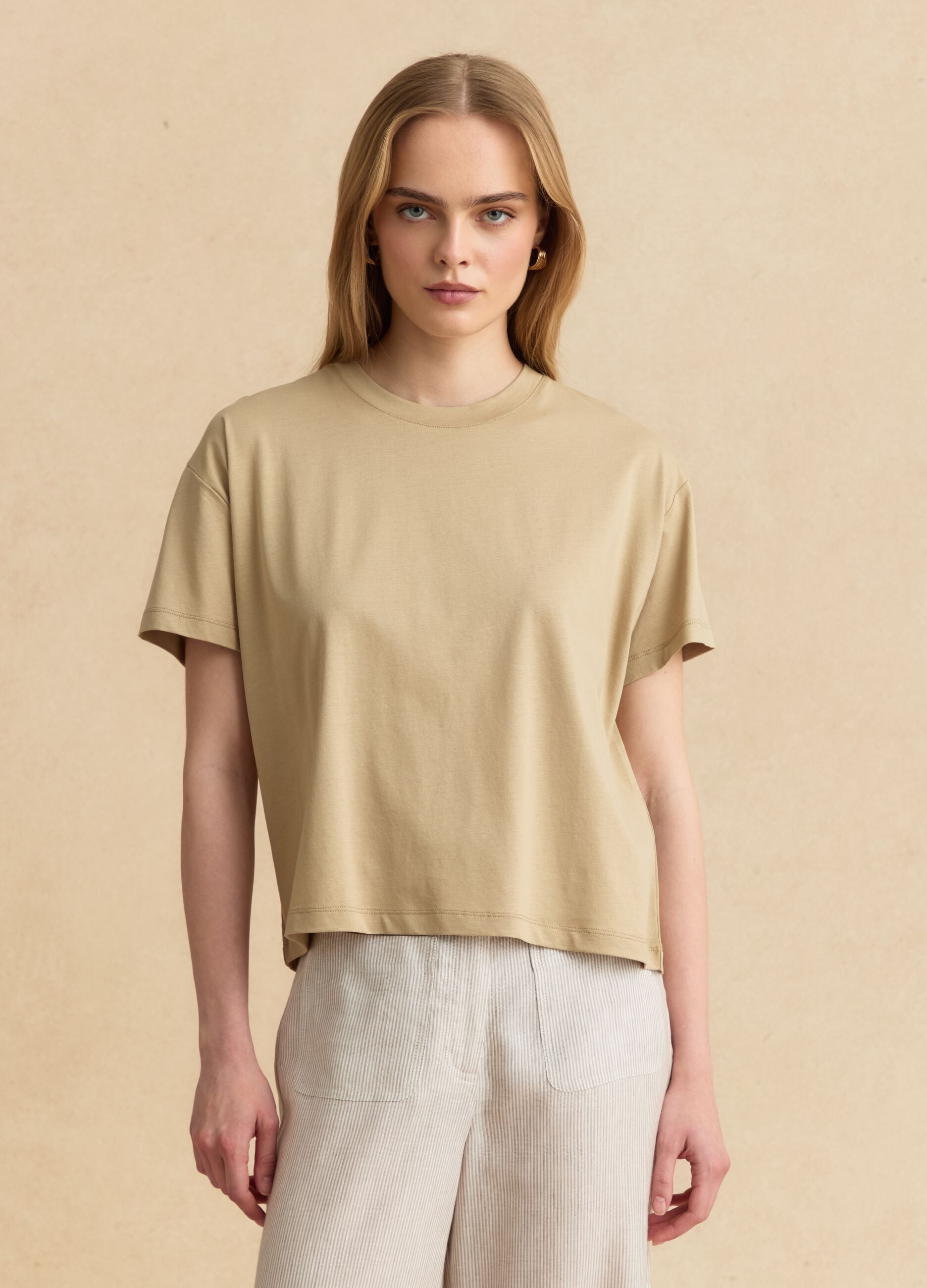 Beige lyocell and cotton-blend T-shirt