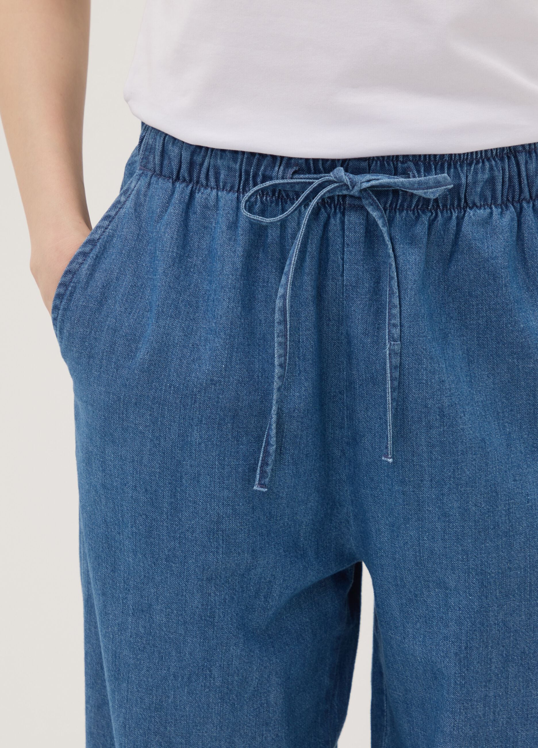 Blue pure cotton wide-leg denim trousers with drawstring