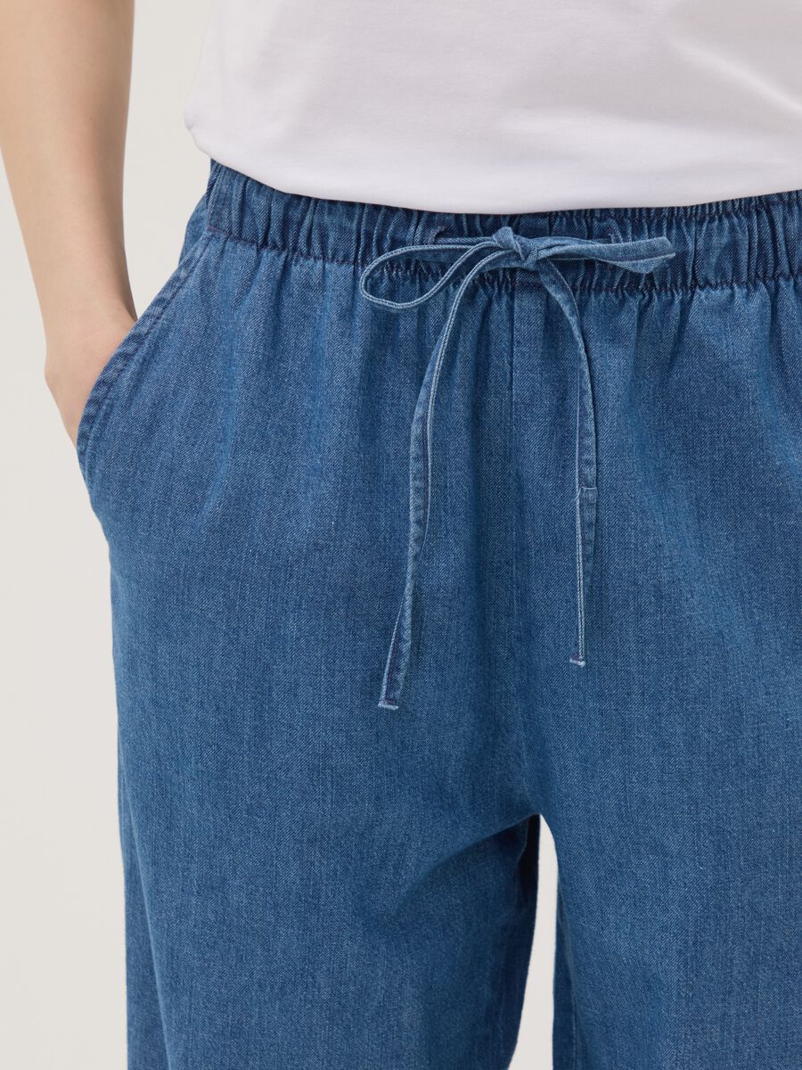 Blue pure cotton wide-leg denim trousers with drawstring_3