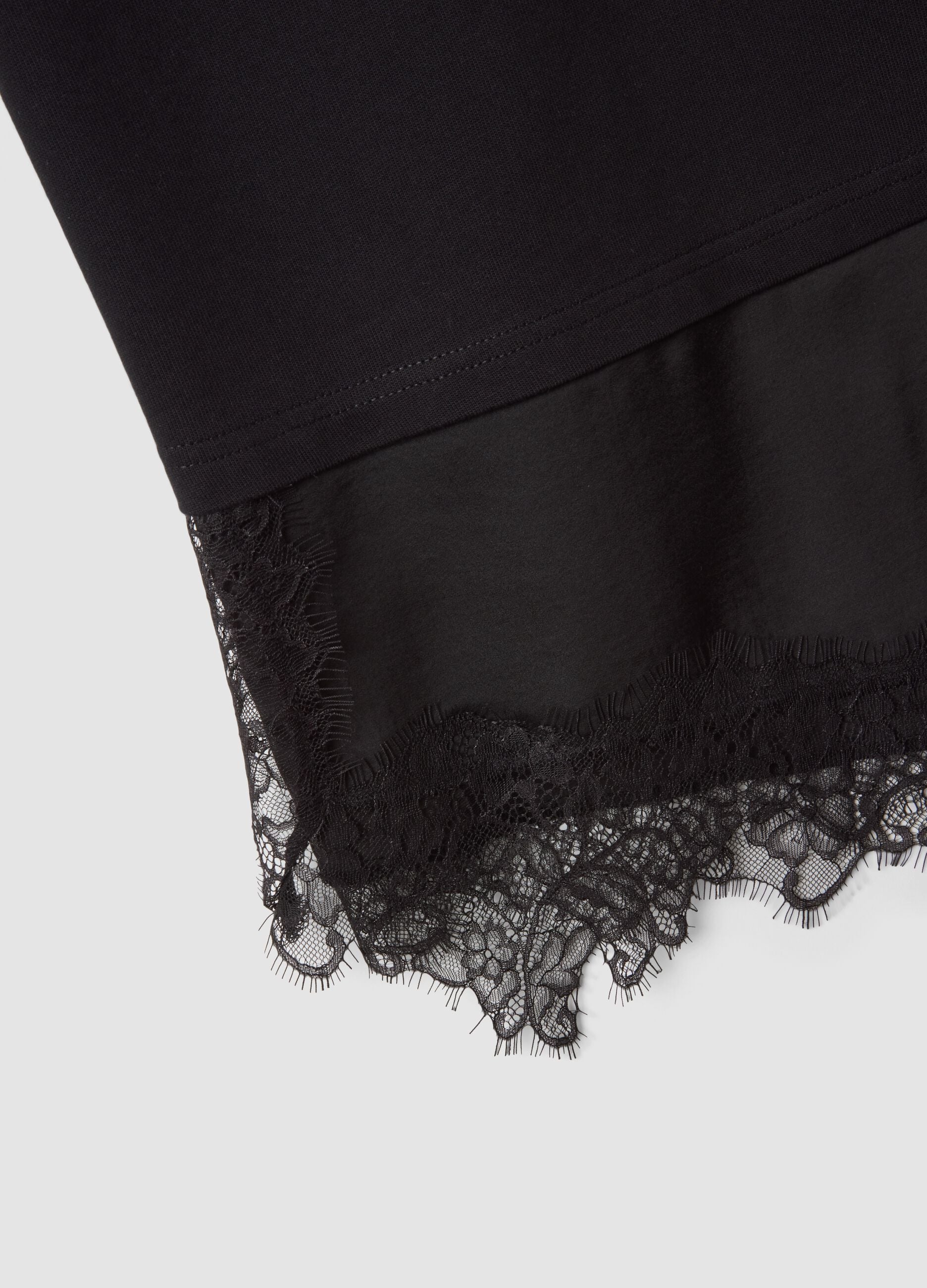 Black pure cotton T-shirt with lace insert, relaxed fit