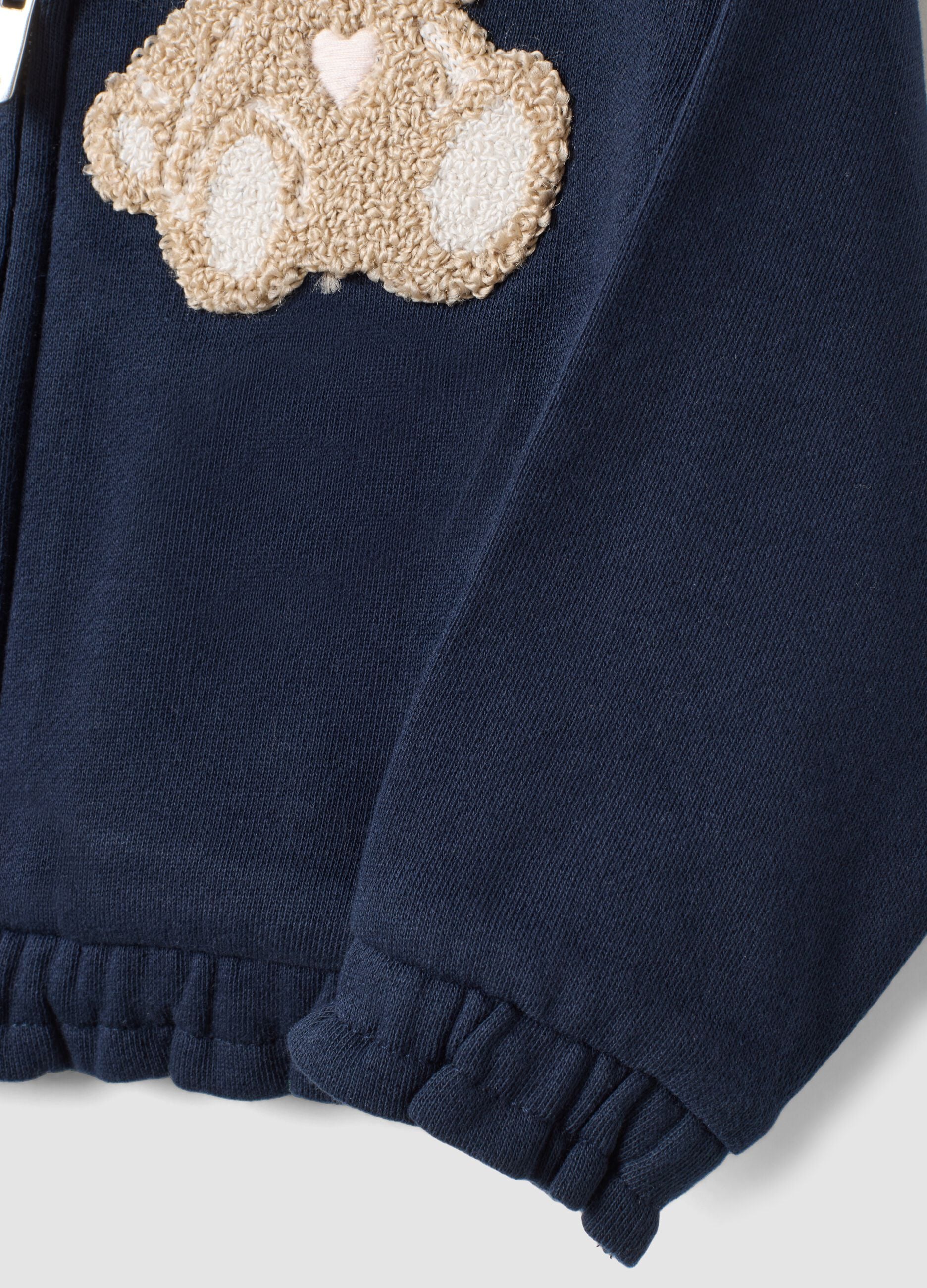 Blue pure cotton sweatshirt with crew neck, zip and teddy bear detail for baby girl