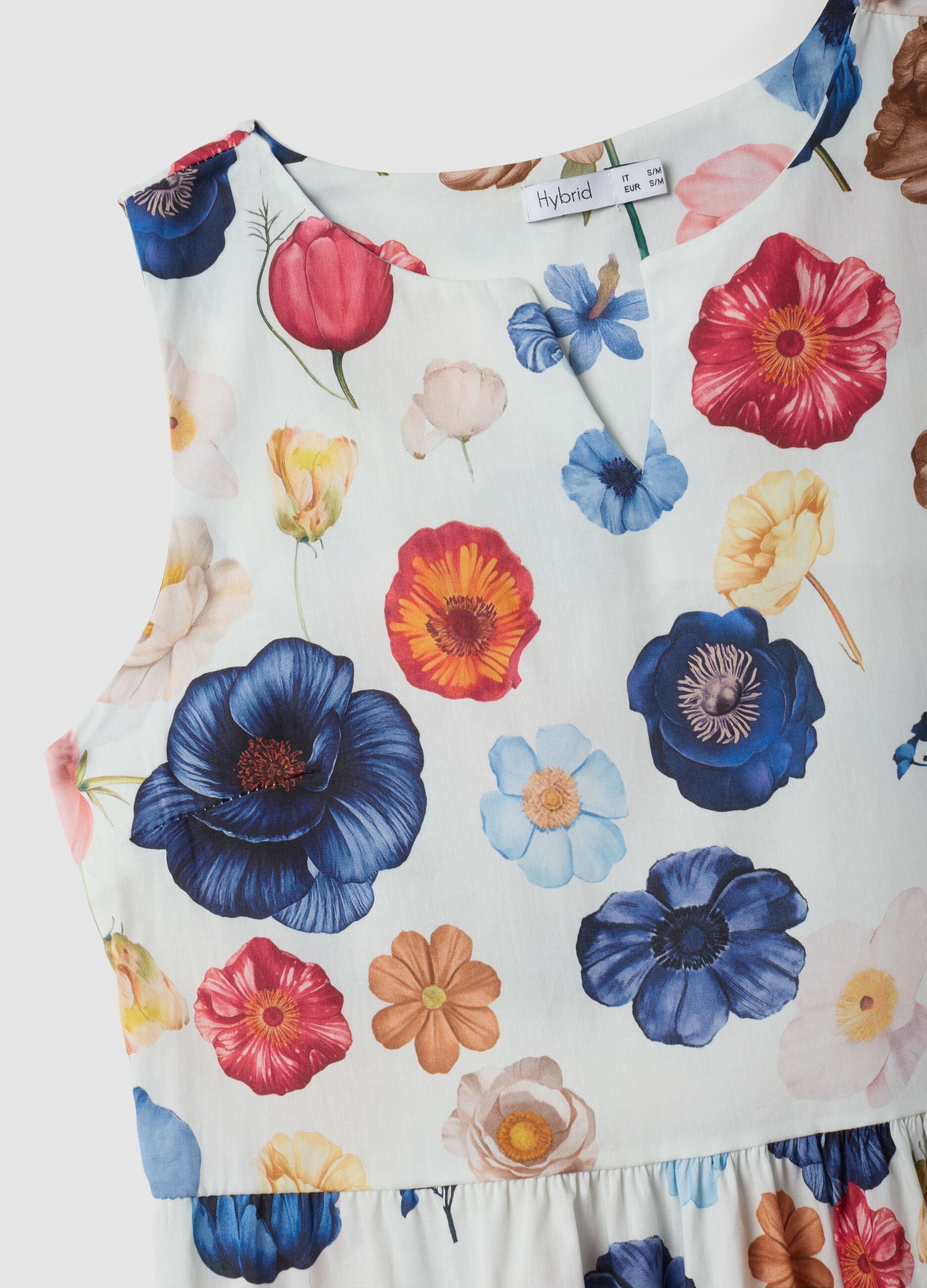 White sleeveless floral stretch-cotton dress, regular fit