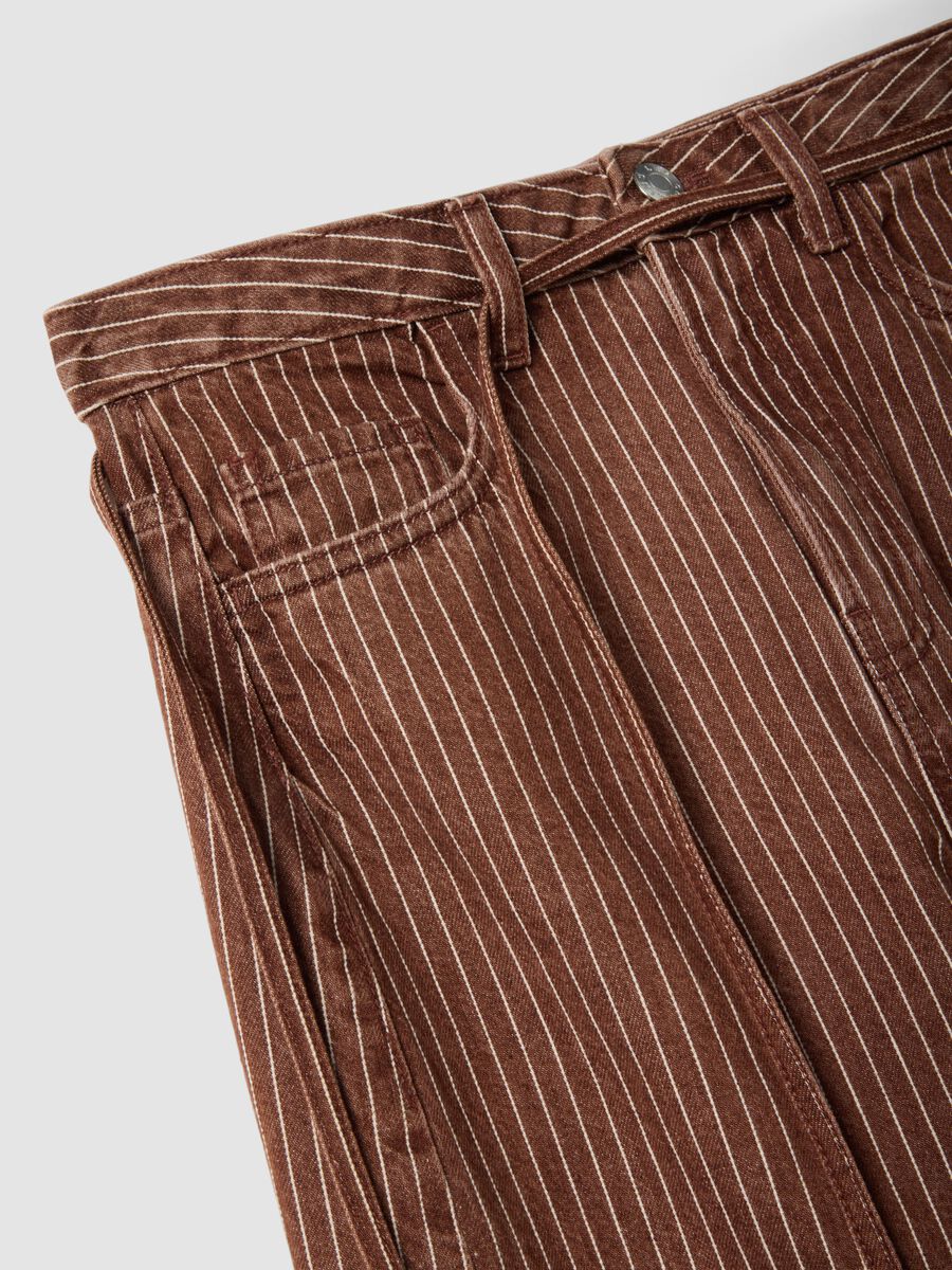Pantaloni wide leg a righe marroni in puro cotone_5