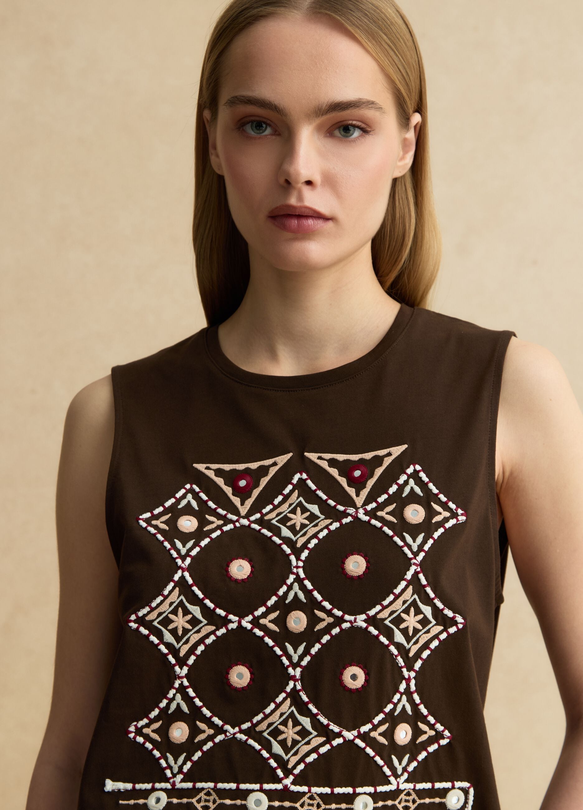 Brown pure cotton regular fit tank top with embroidery