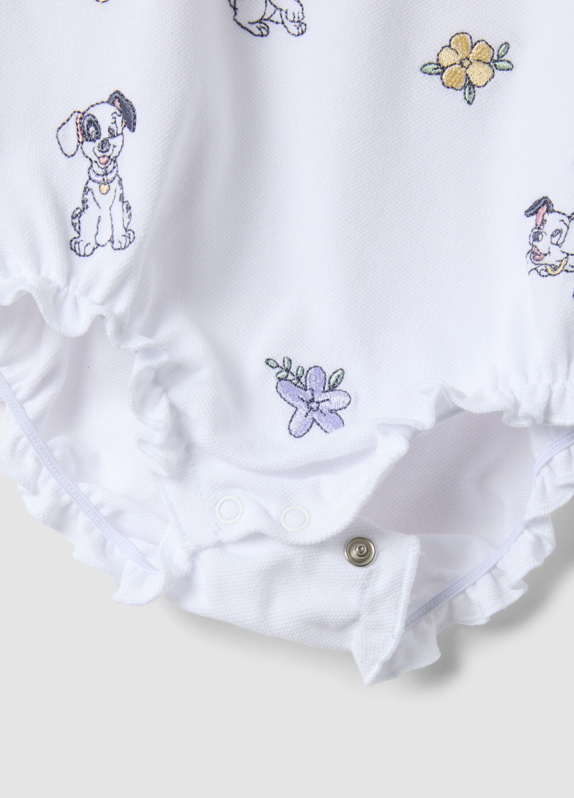 White organic cotton baby romper with ruffles