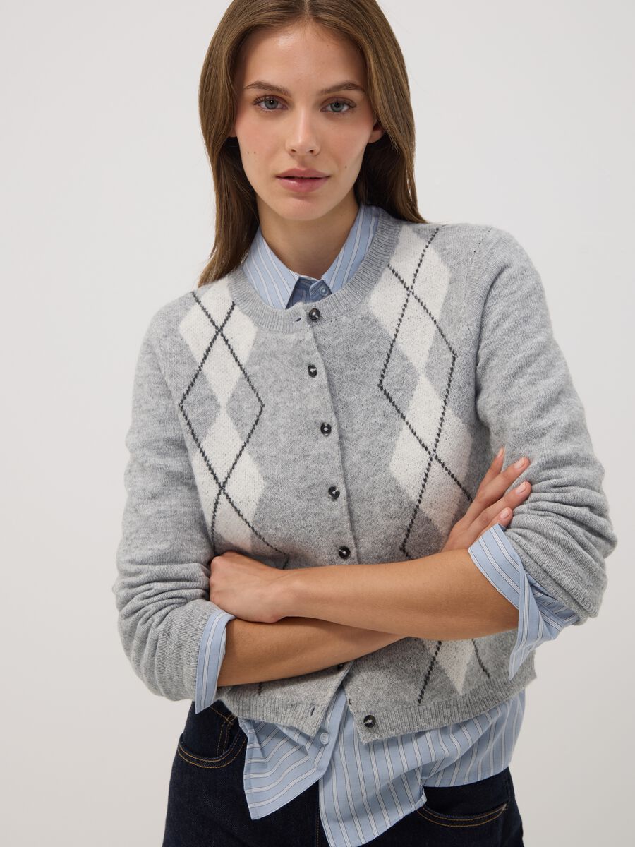 Grey jacquard stretch wool crew-neck cardigan, regular fit_1