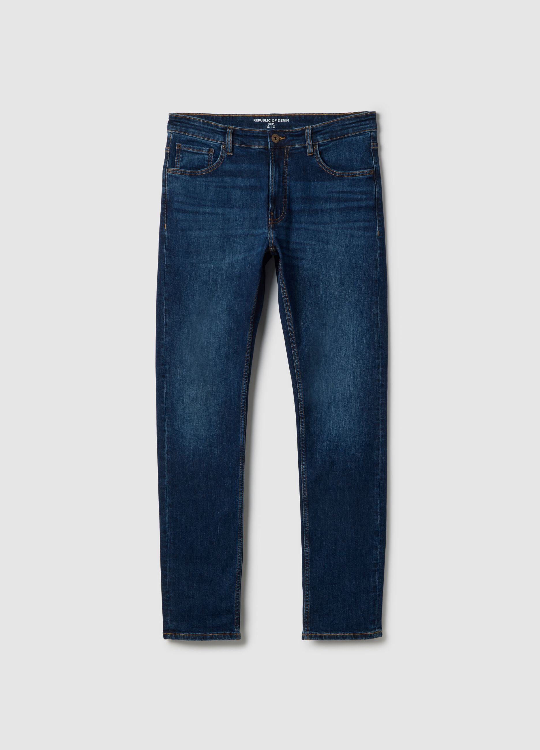 Slim fit blue stretchy cotton jeans with five pockets