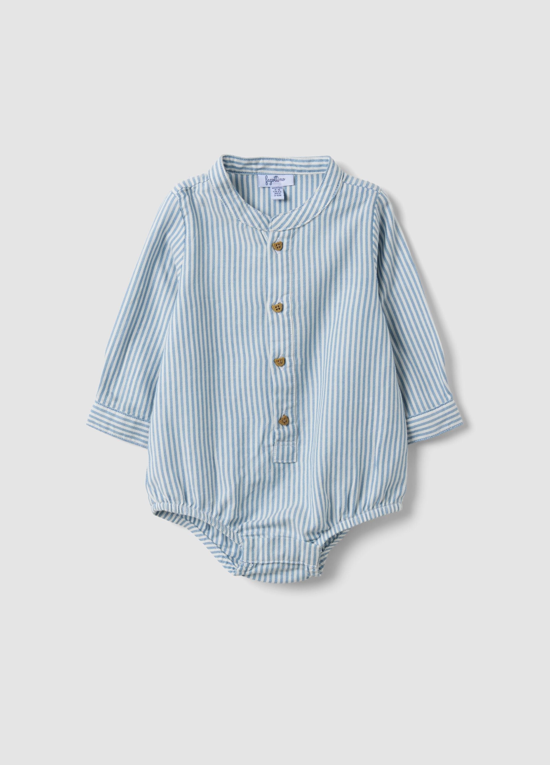 Blue striped pure cotton baby bodysuit with mandarin collar