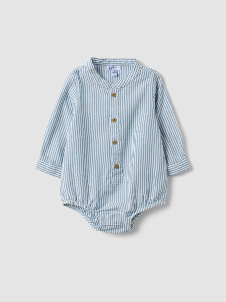 Blue striped pure cotton baby bodysuit with mandarin collar_0