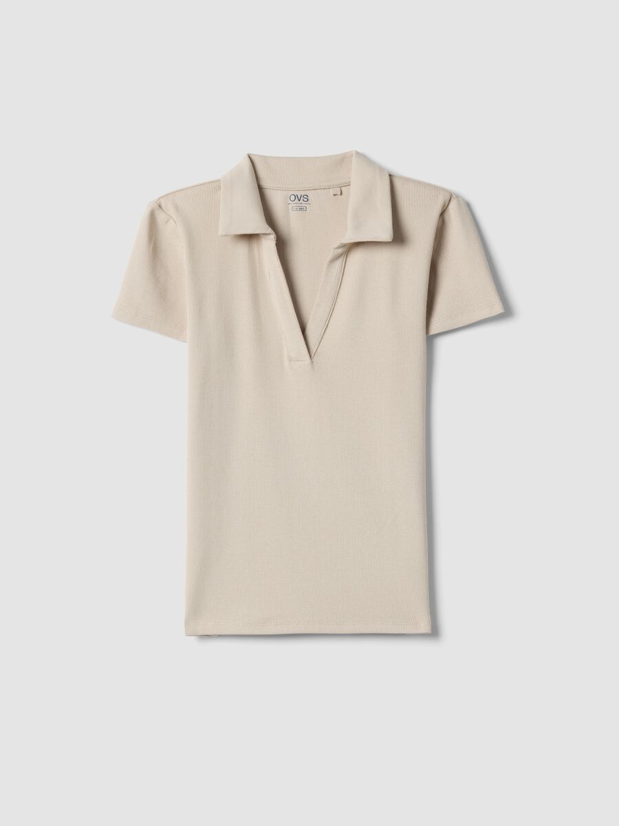 Beige Stretch Cotton Polo Regular Fit Deep V_4