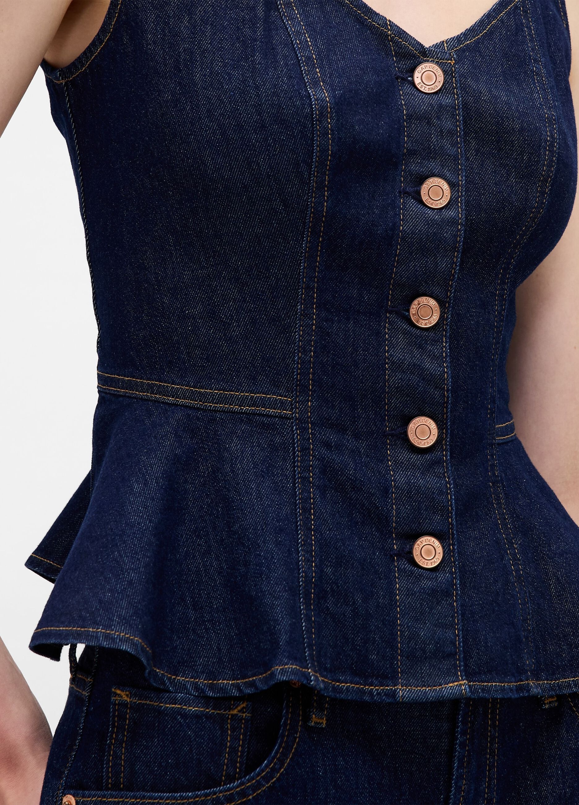 Stretch denim tank top with V-neck