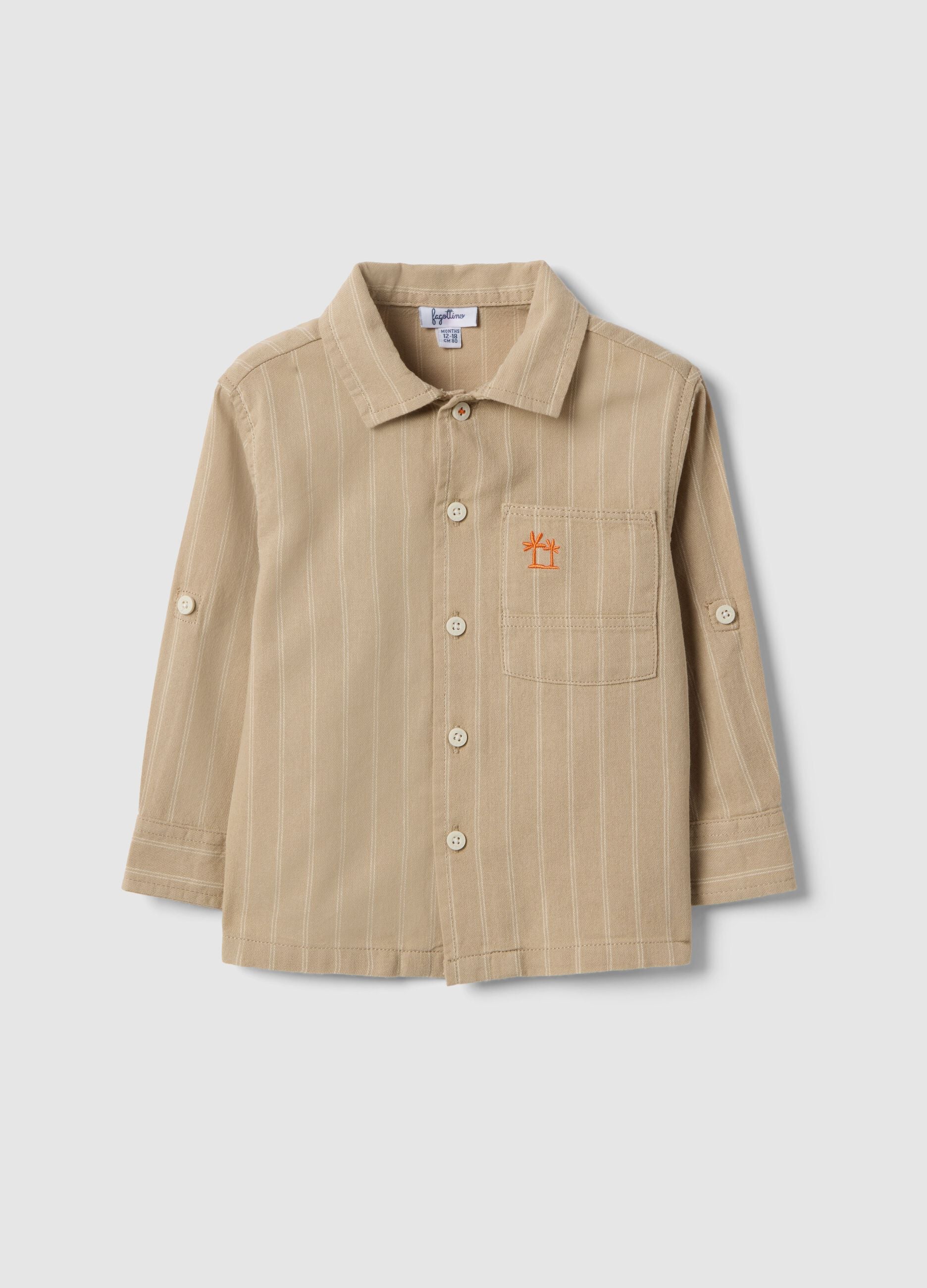 Oversized fit striped beige pure cotton shirt with buttons for boys