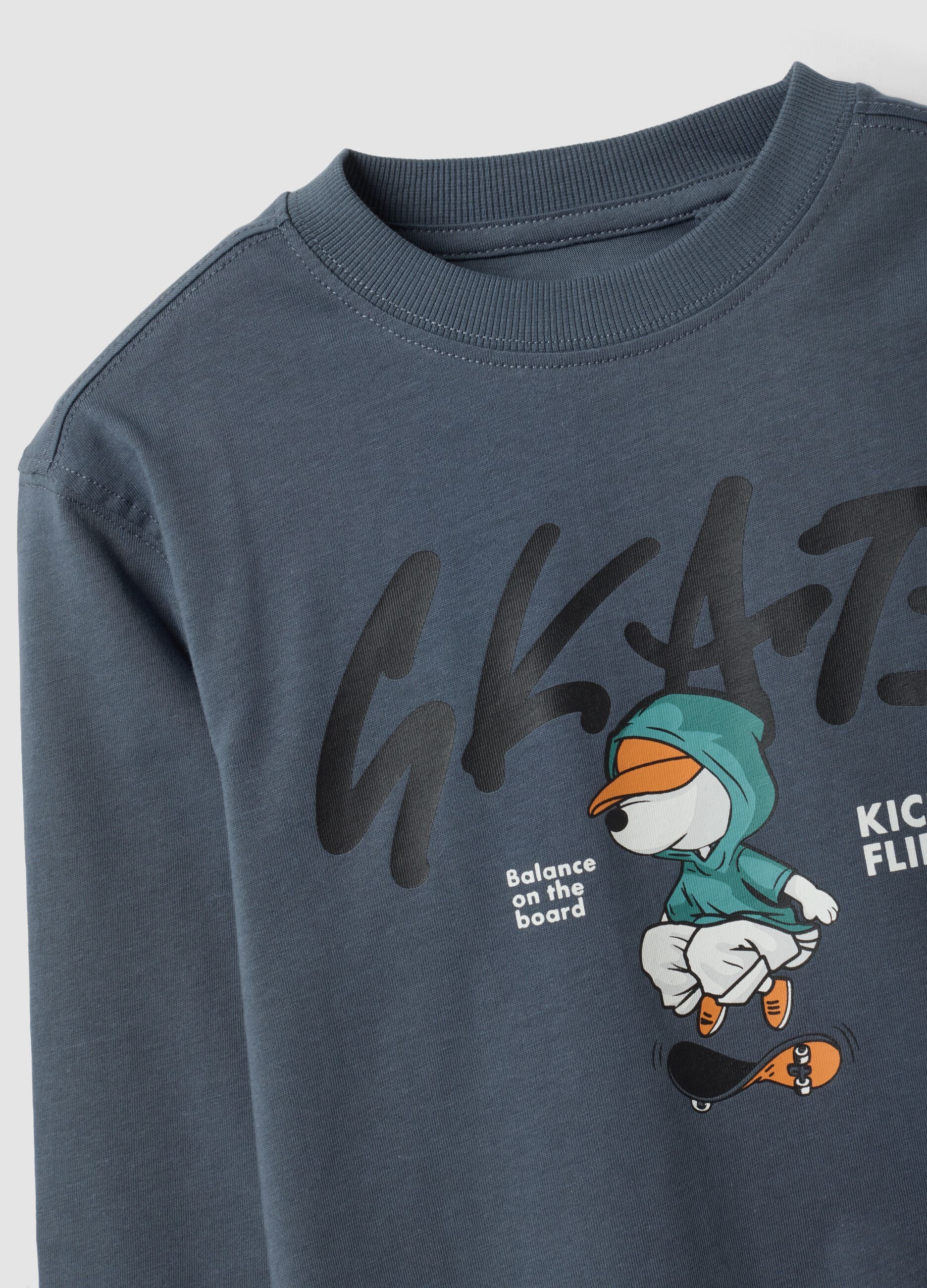 Grey oversized pure cotton T-shirt with skate print for boys