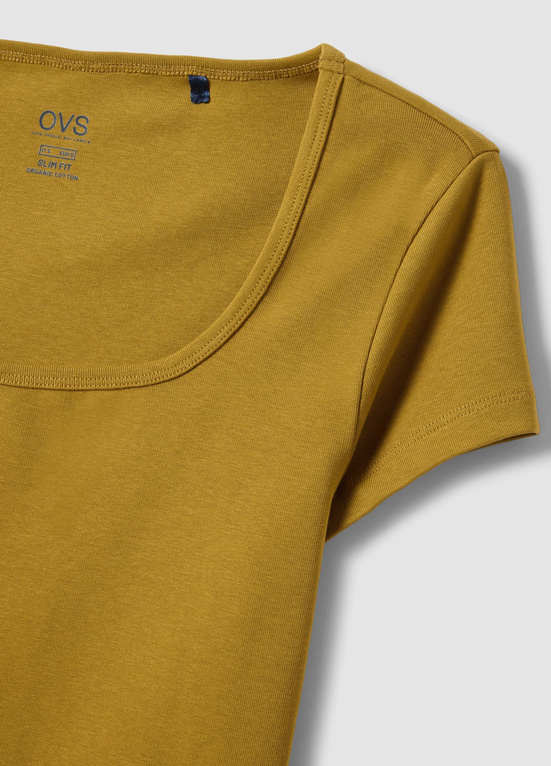 Green fitted stretch cotton T-shirt with square neckline