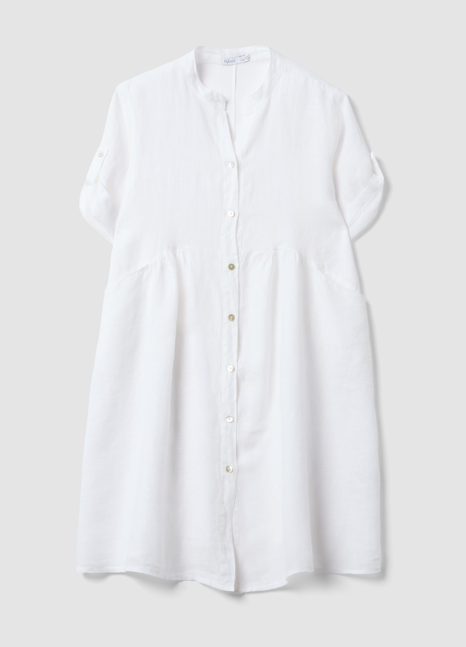 White pure linen dress with Mandarin collar, regular fit