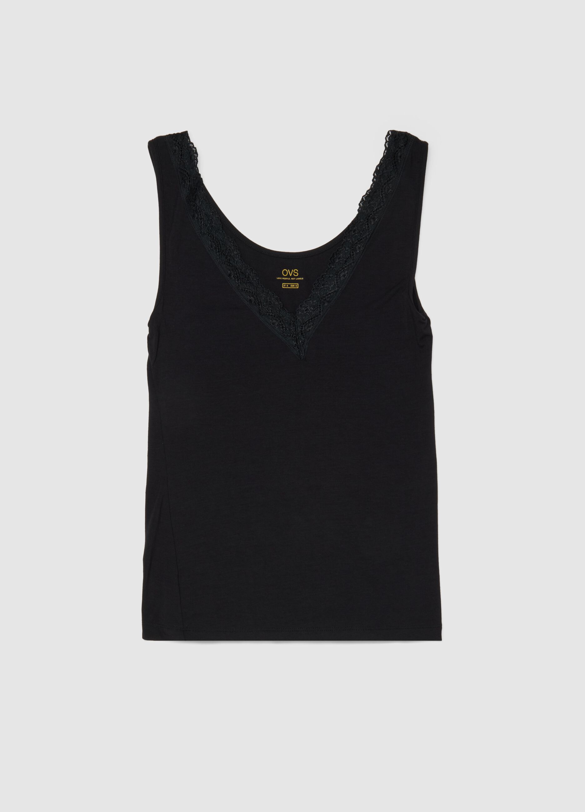 Black stretchy viscose tank top regular fit deep V with lace