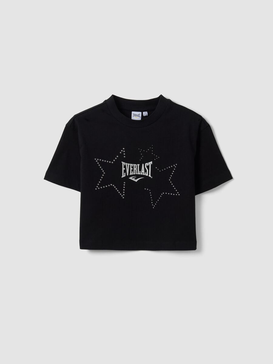 Girls&rsquo; cropped black pure cotton T-shirt with embellished stars_0