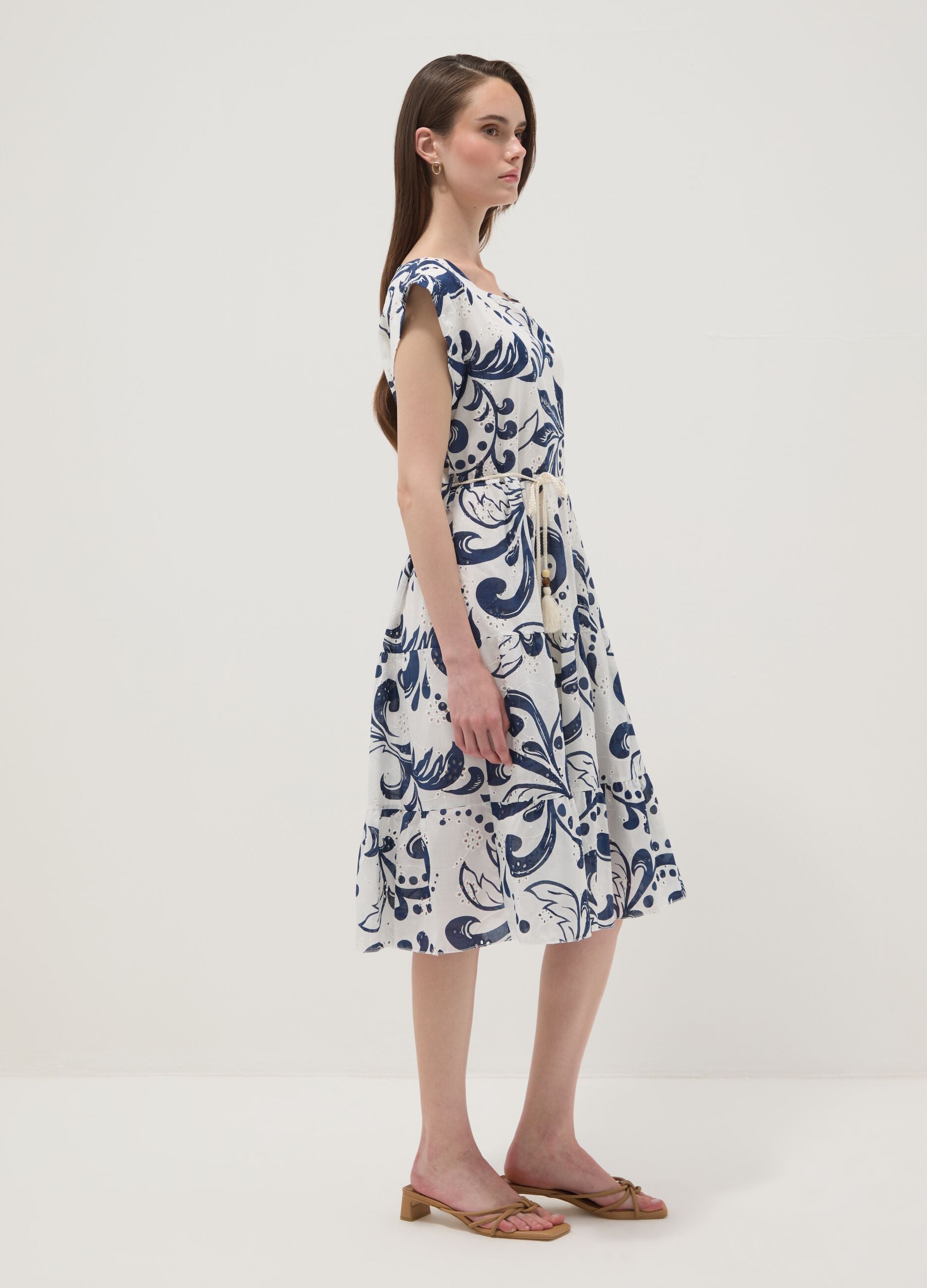 Blue and white pure cotton dress with all-over print and rope belt