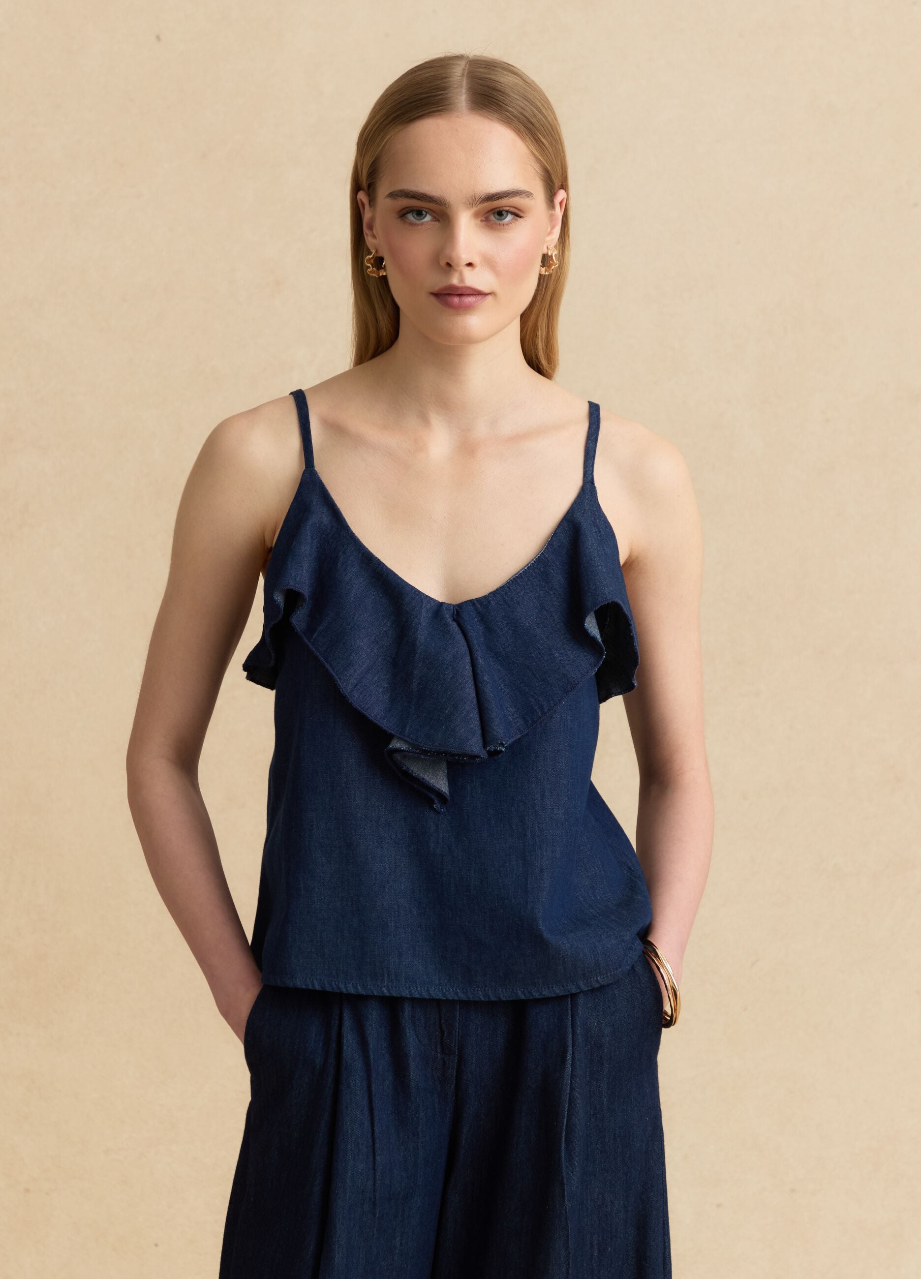 Blue pure cotton top with ruffle