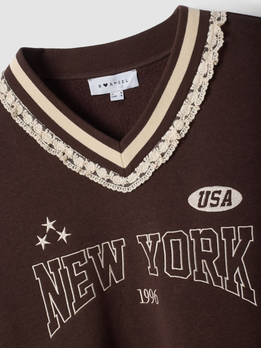 Brown cotton-blend sweatshirt with V-neck and lace detailing_5