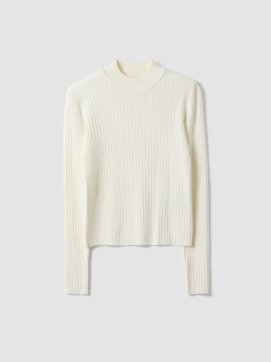 White fitted ribbed viscose-blend top with high neck_4