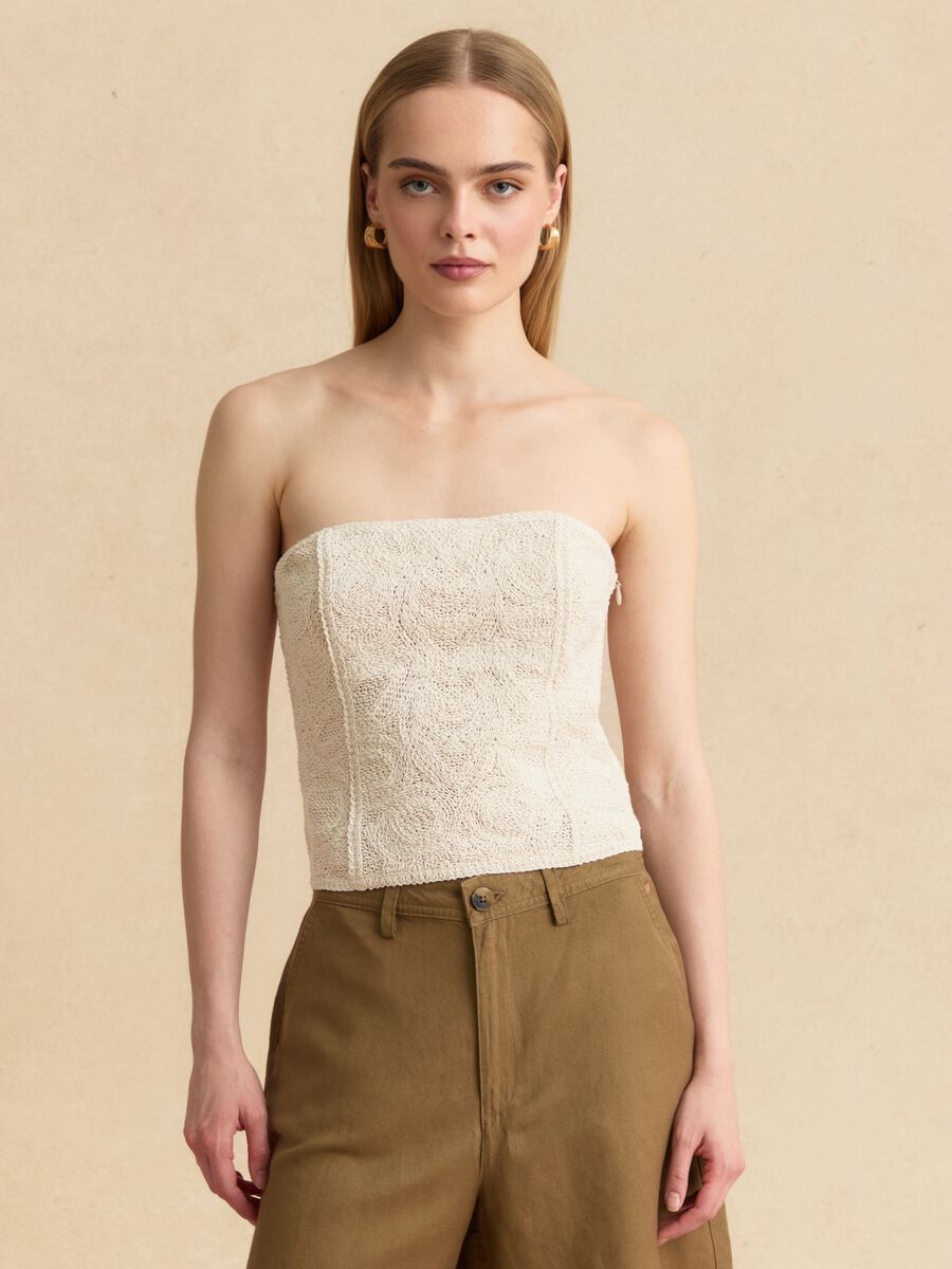 Top beige senza spalline in misto cotone lavorato regular fit_0