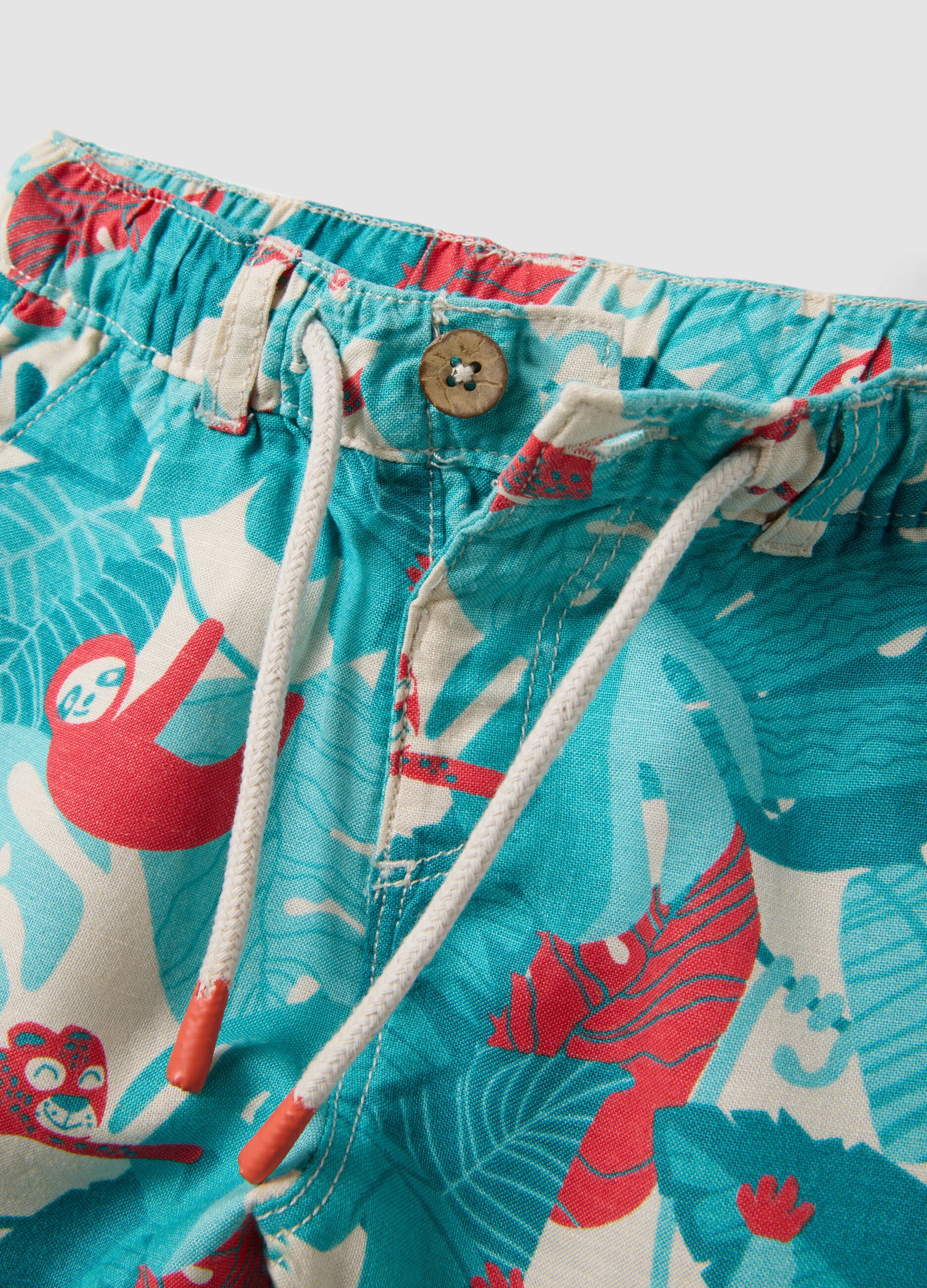 Blue viscose-linen blend tropical print shorts for boys, regular fit