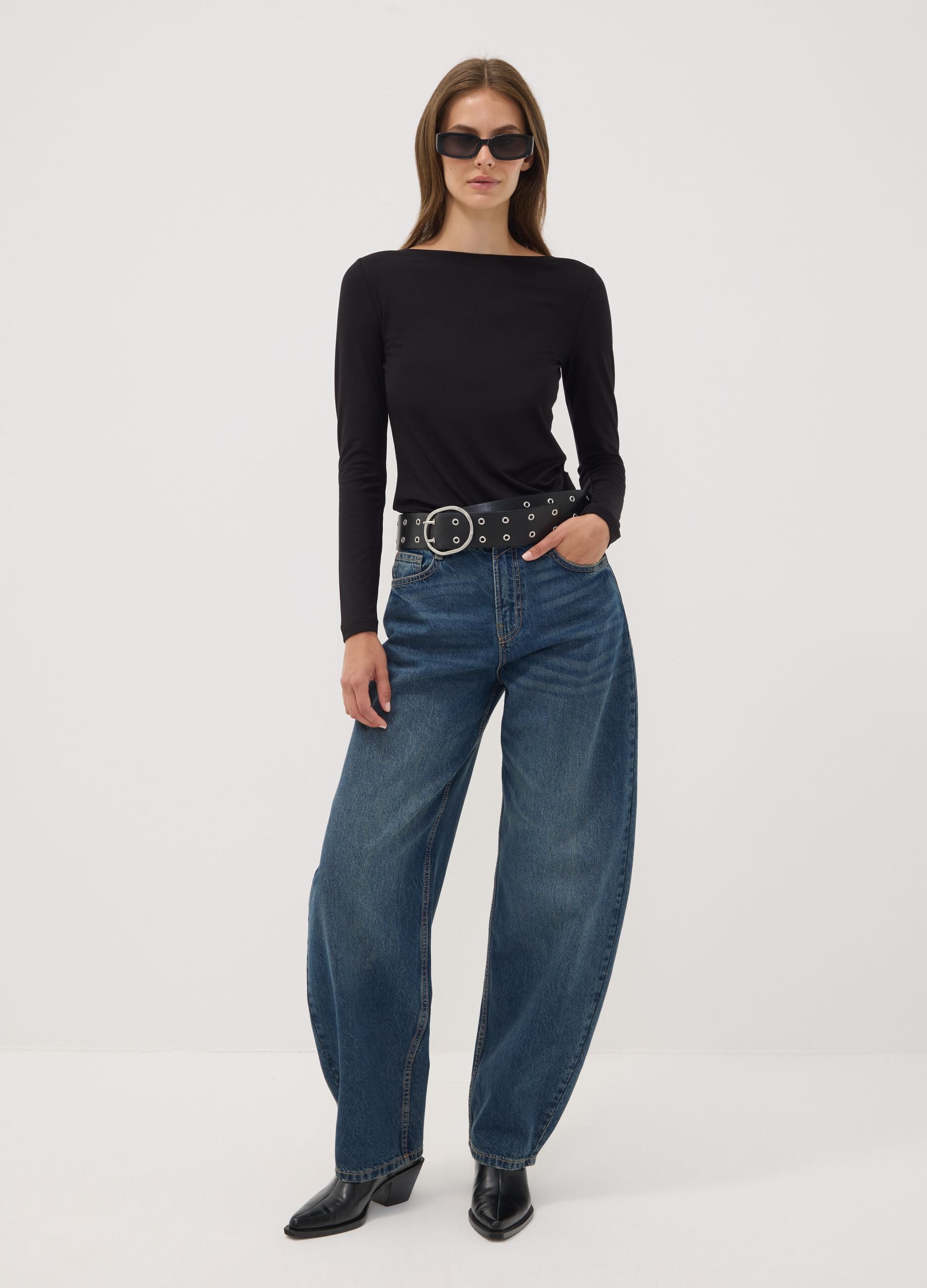 Blue denim pure cotton barrel-fit jeans