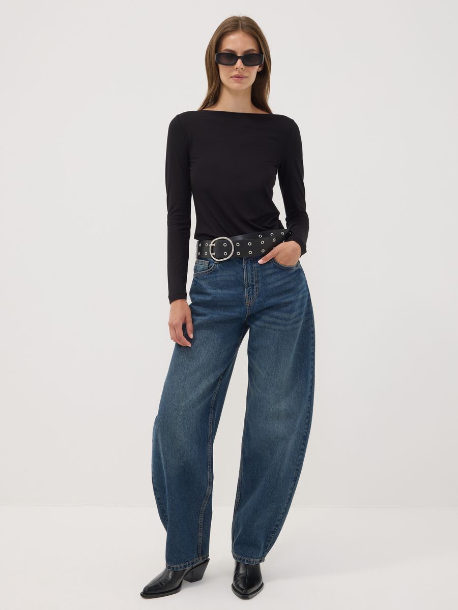 Blue denim pure cotton barrel-fit jeans_0