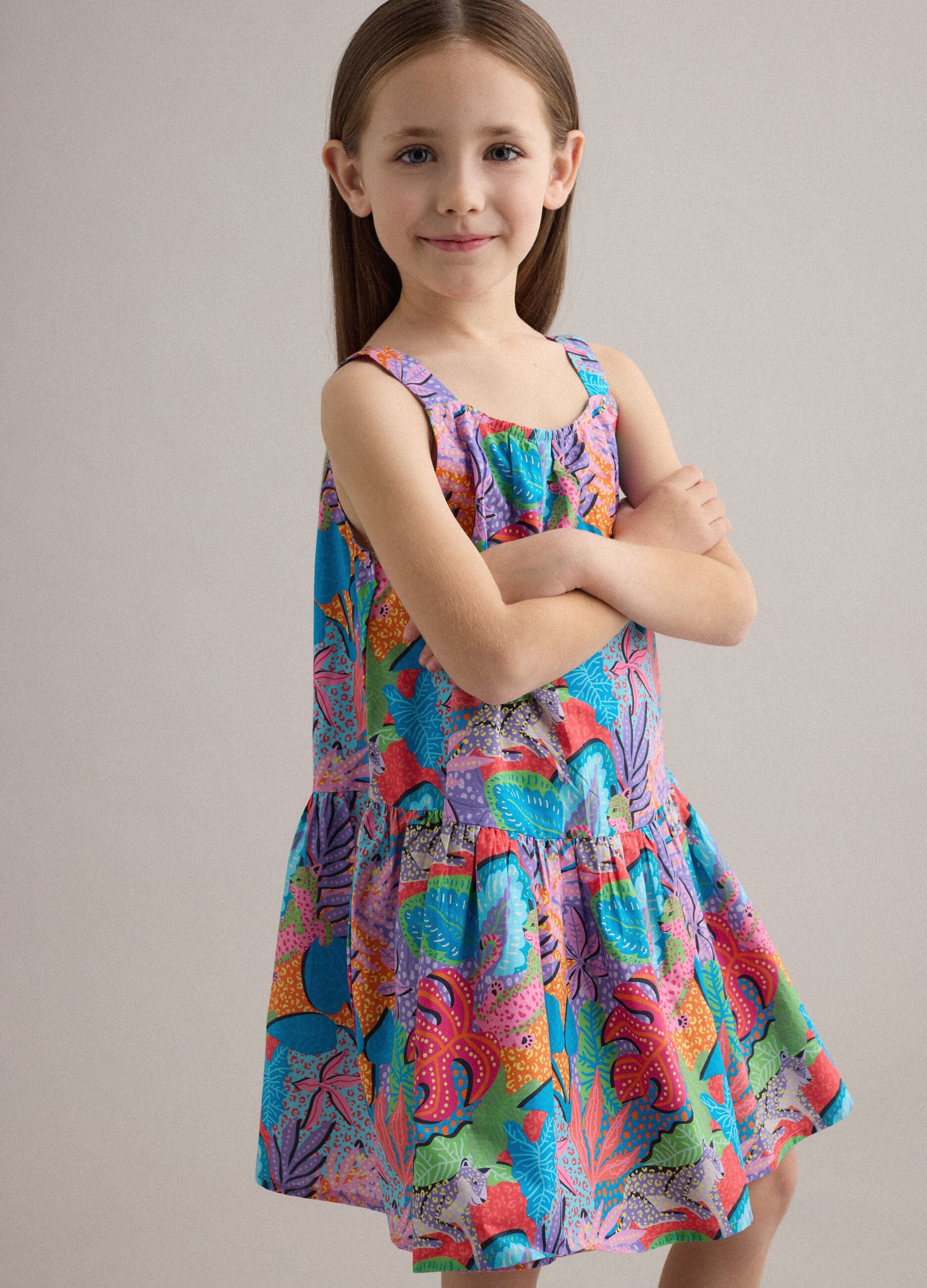 Multicolour pure cotton dress with wide straps