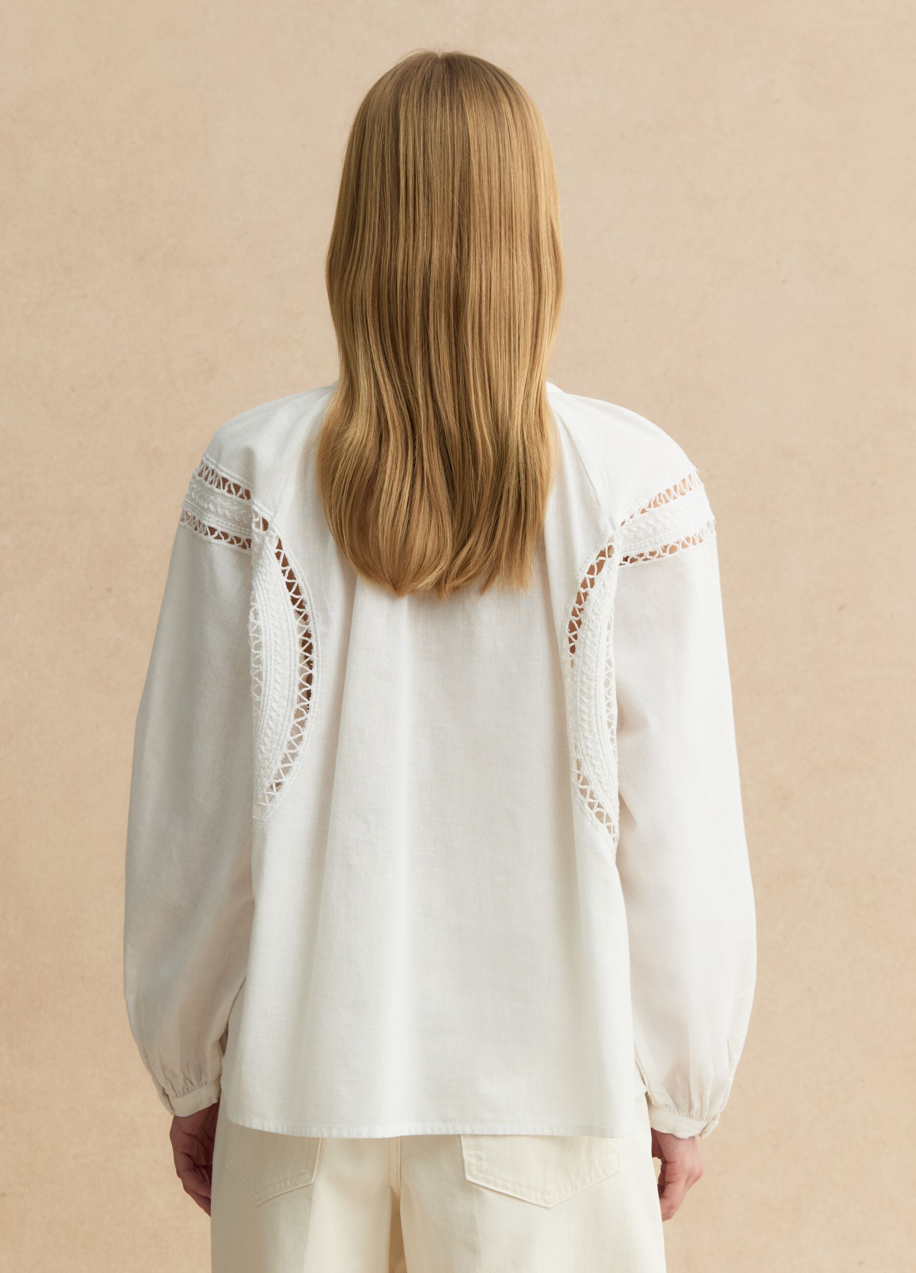 White regular fit cotton-linen blend blouse with eyelet details