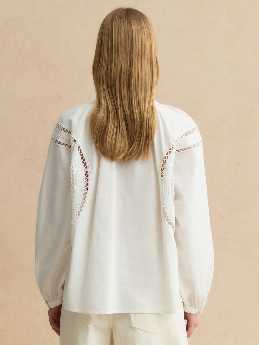 White regular fit cotton-linen blend blouse with eyelet details_2