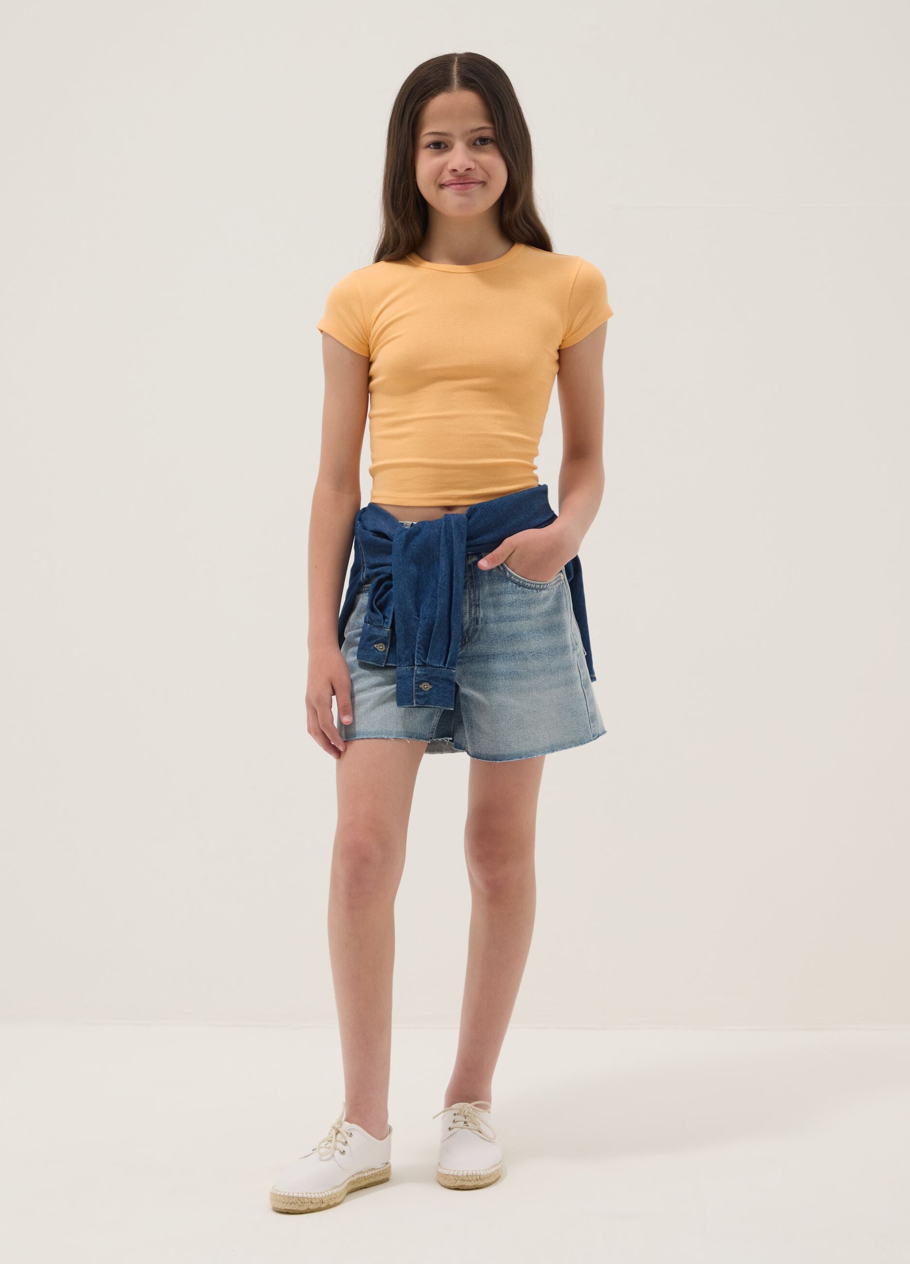 Blue pure-cotton denim shorts for girls, straight fit
