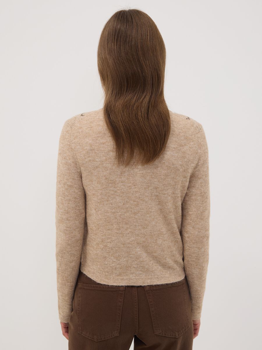 Beige jacquard stretch wool crew-neck cardigan, regular fit_3