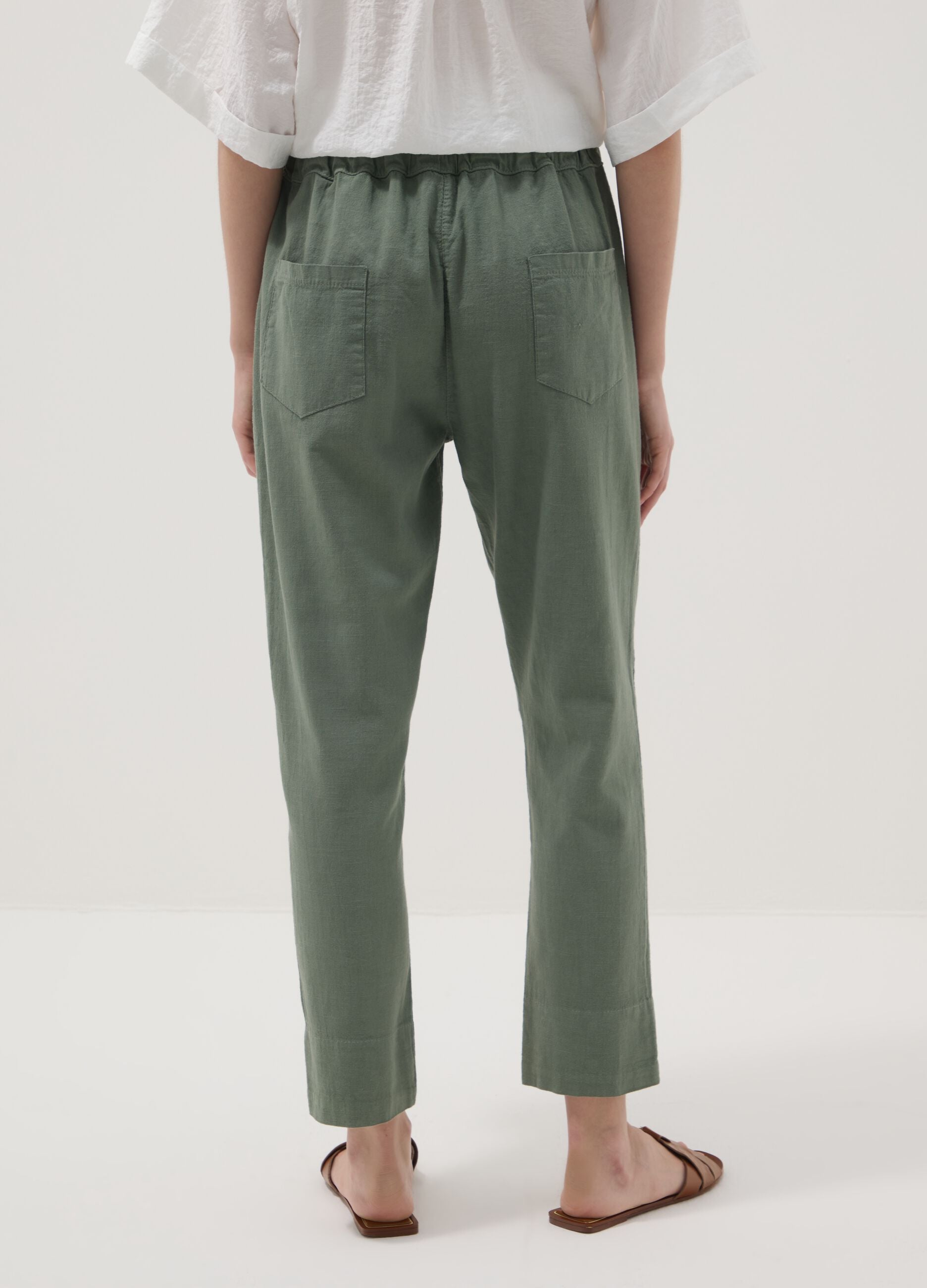 Green linen-cotton blend trousers with elasticated waist, regular fit